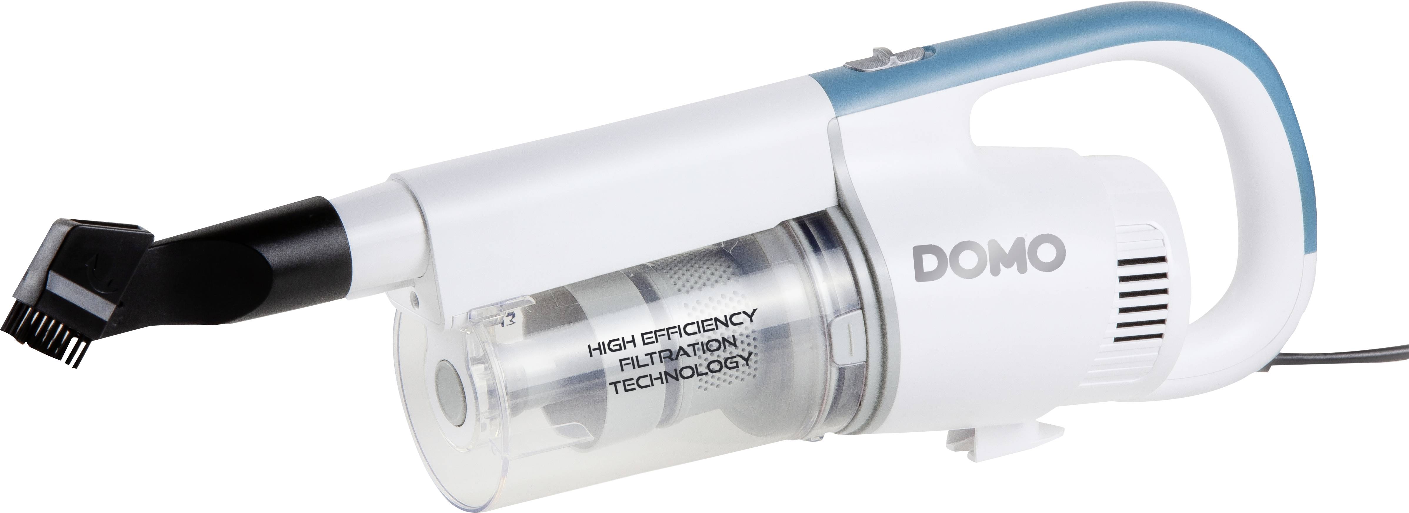 'White handheld vacuum cleaner with blue grip cover, transparent dust container, side-printed with 