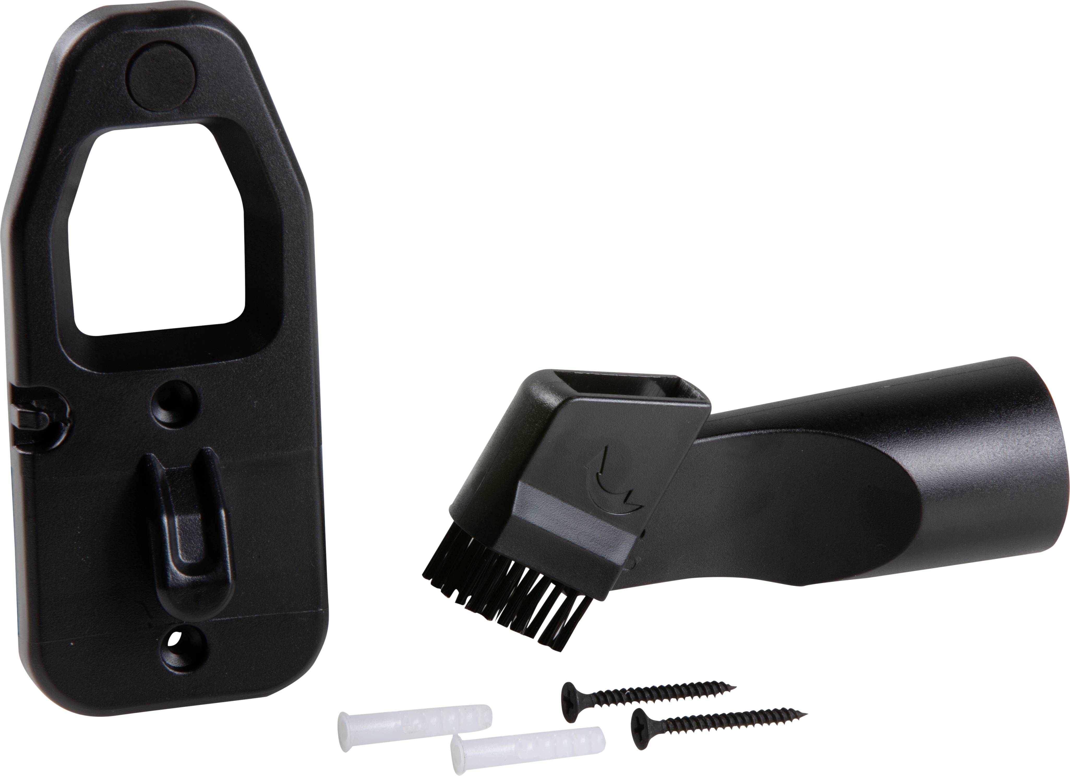 Wall mount with brush attachment and two screws. Suitable for vacuum cleaner accessories or cleaning devices.