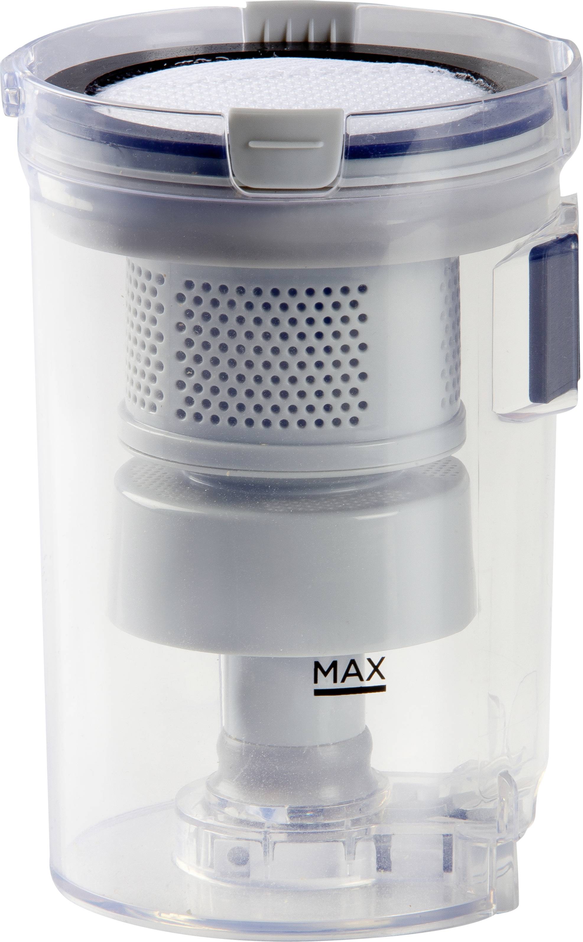 Small transparent container with a filter and 'MAX' marking, presumably part of a water filtration system, isolated on a white background.