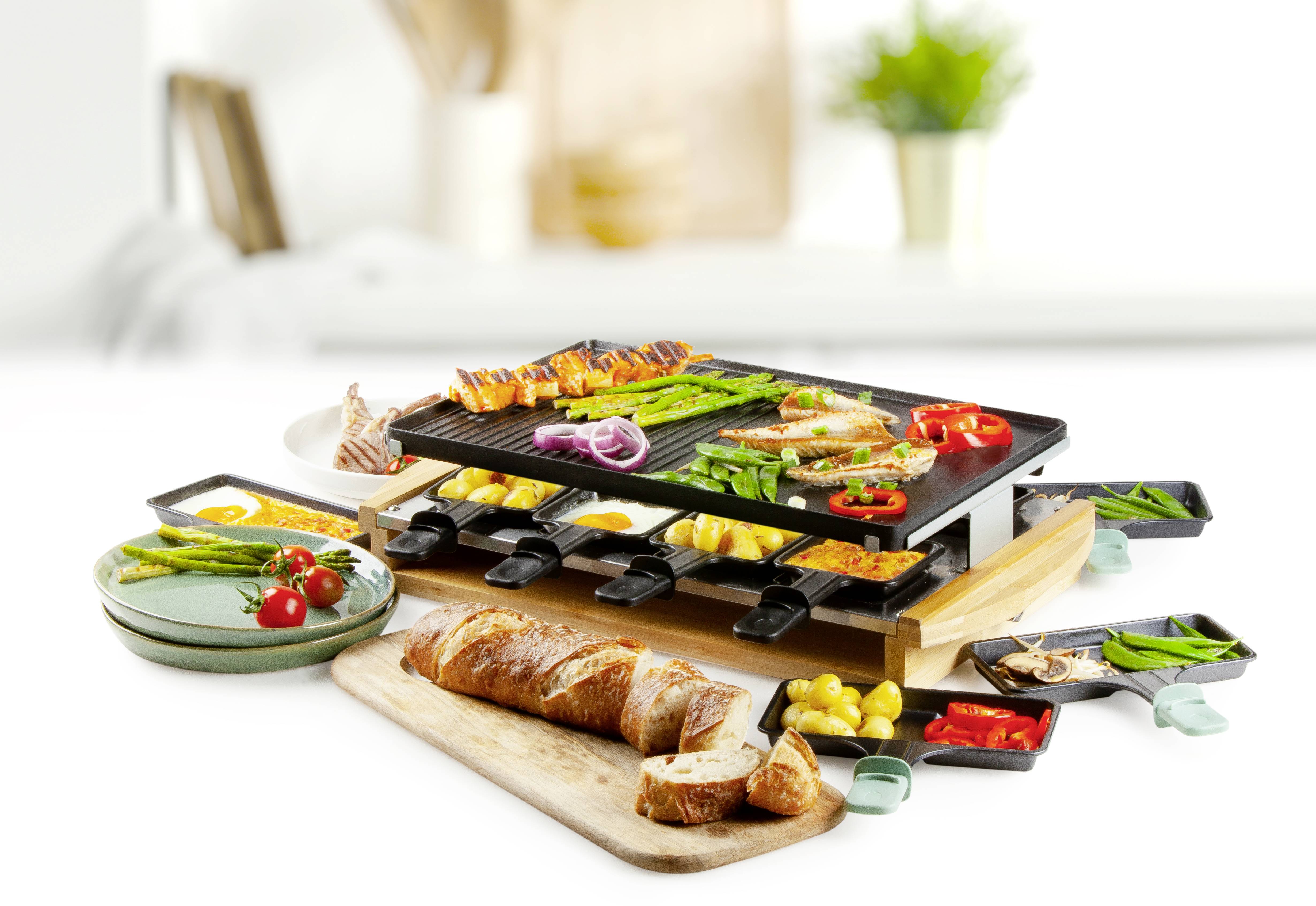 DOMO DO9246G Raclette 8 pannikins, Non-stick coating, Indicator light Black, Wood