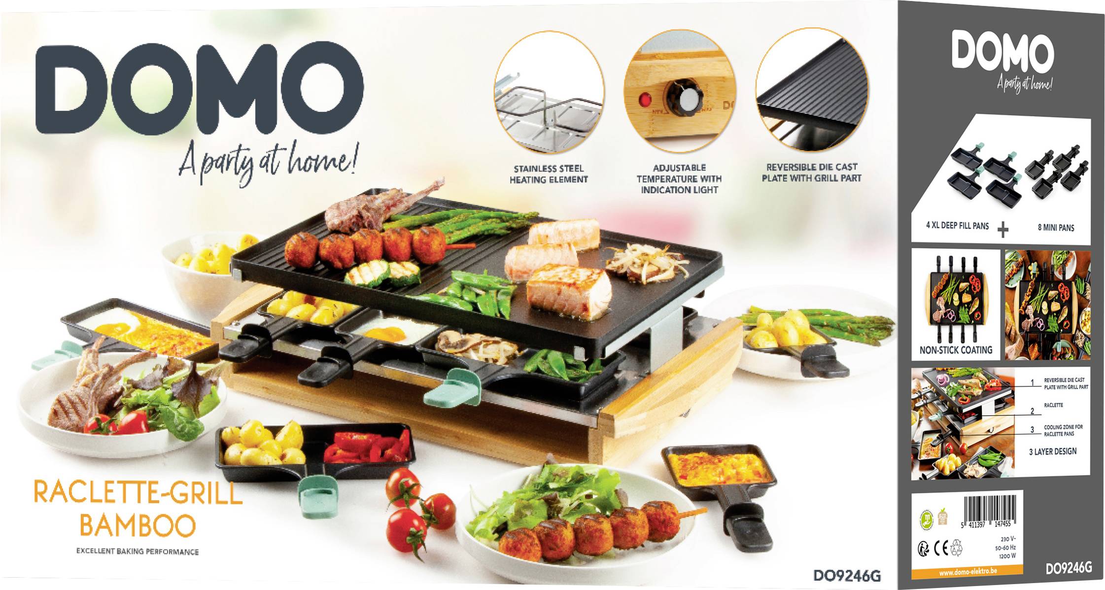 DOMO DO9246G Raclette 8 pannikins, Non-stick coating, Indicator light Black, Wood