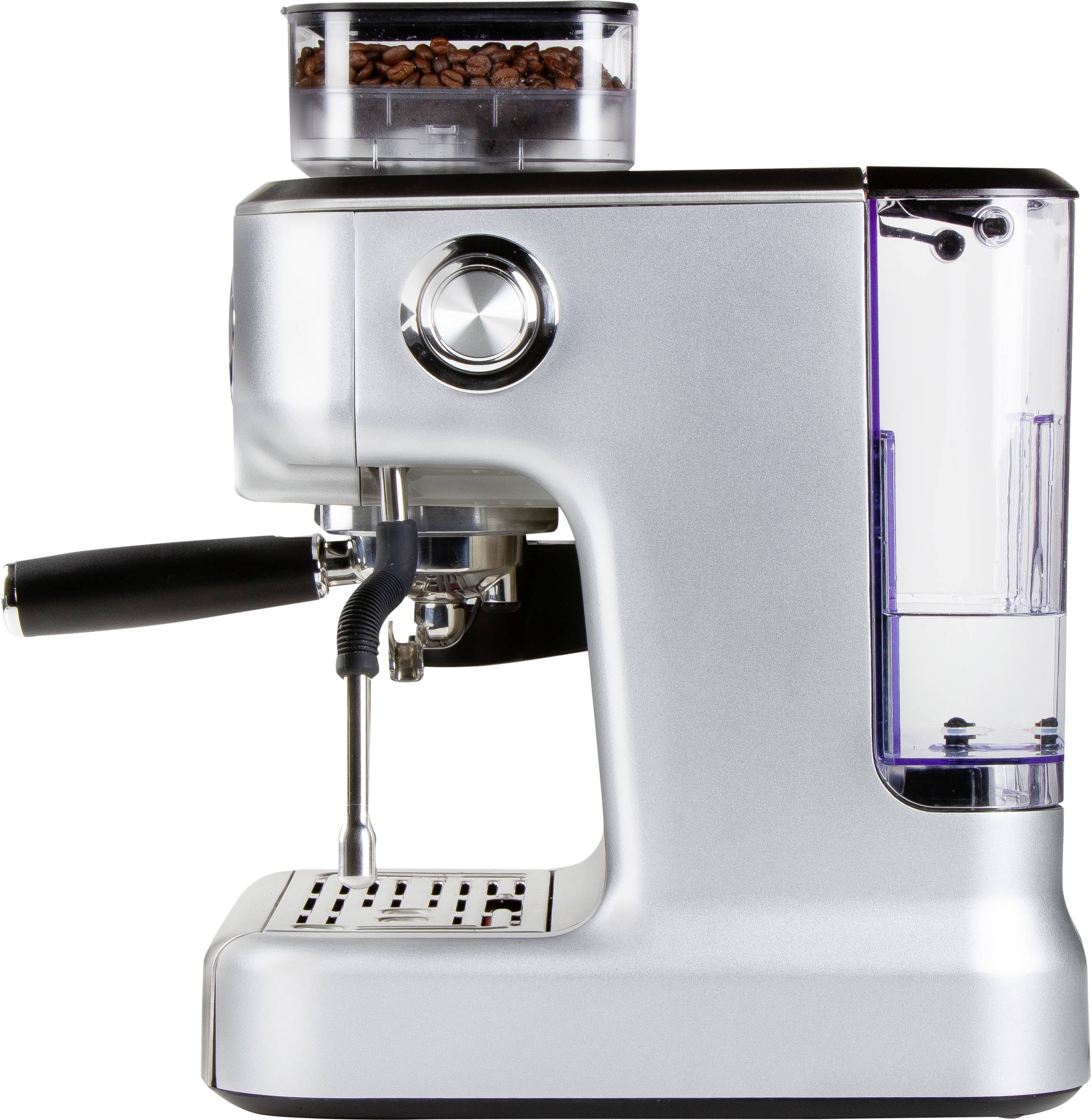 A silver espresso machine with a water tank and bean container, viewed from the side. Suitable for preparing coffee.