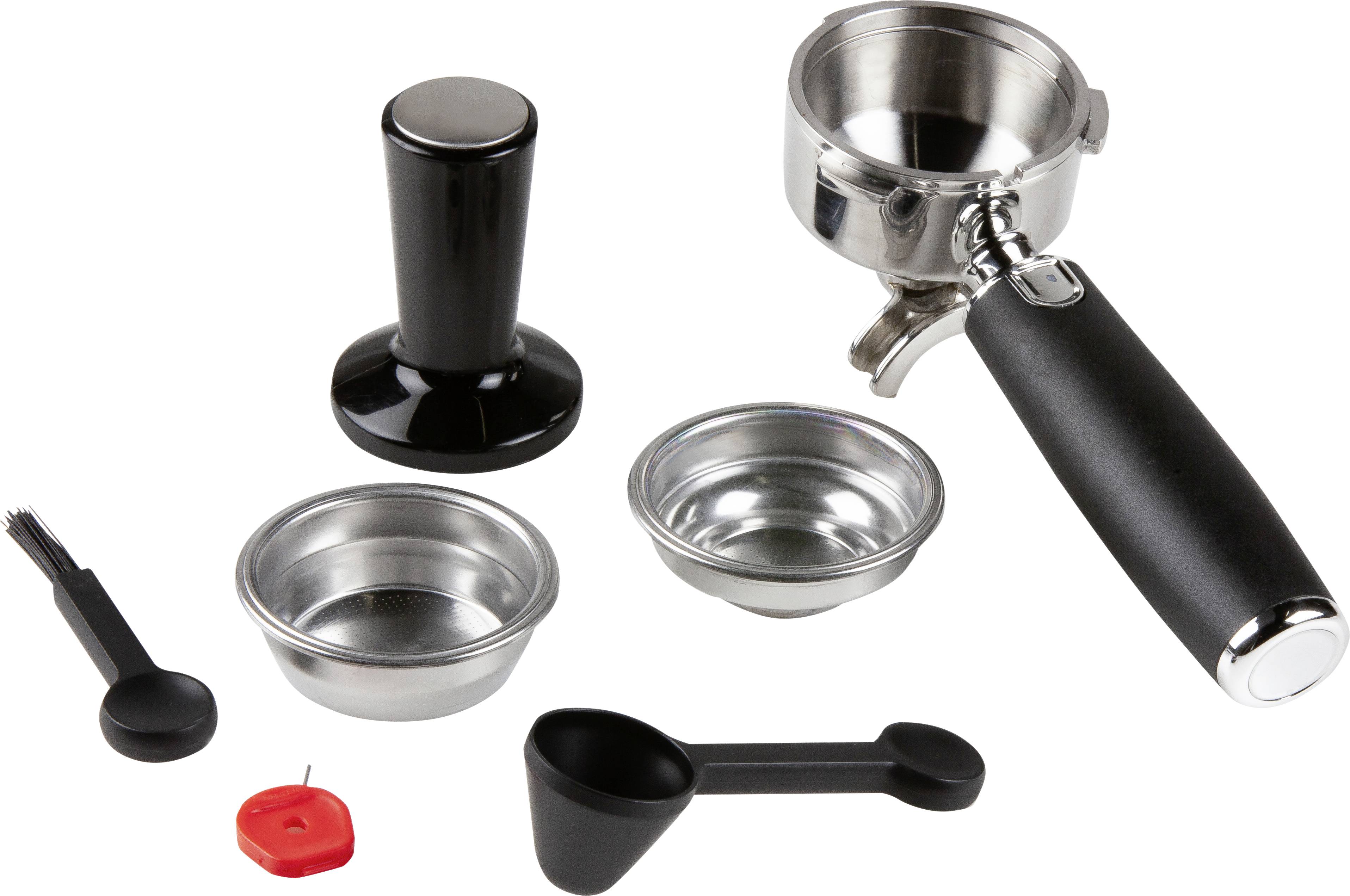 Espresso Machine Accessory Set comprising a tamper, portafilter, cleaning sieve, cleaning tool, and dosing spoons.