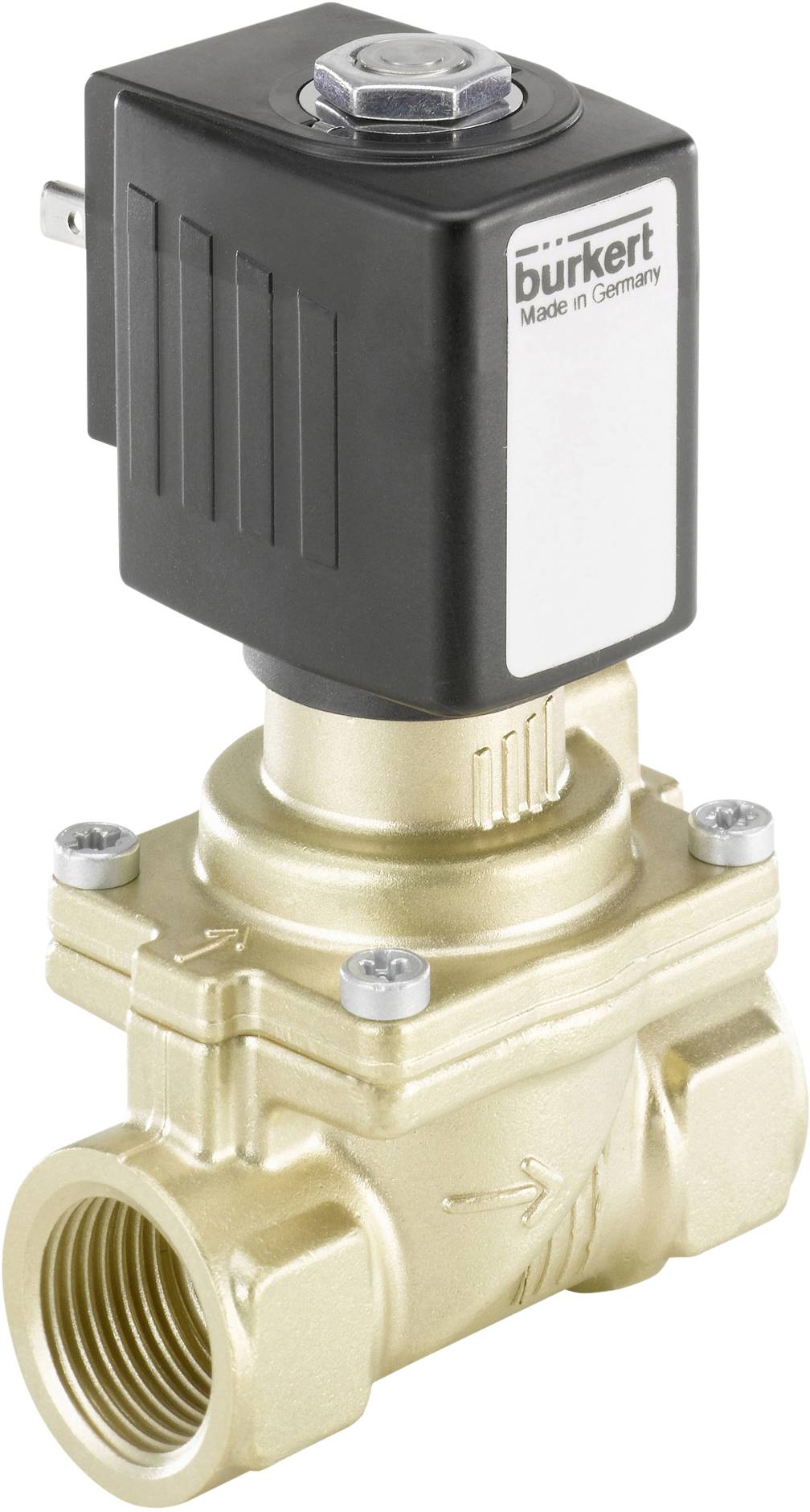 An electric valve by Bürkert, manufactured in Germany, with a brass housing and arrows indicating flow direction.