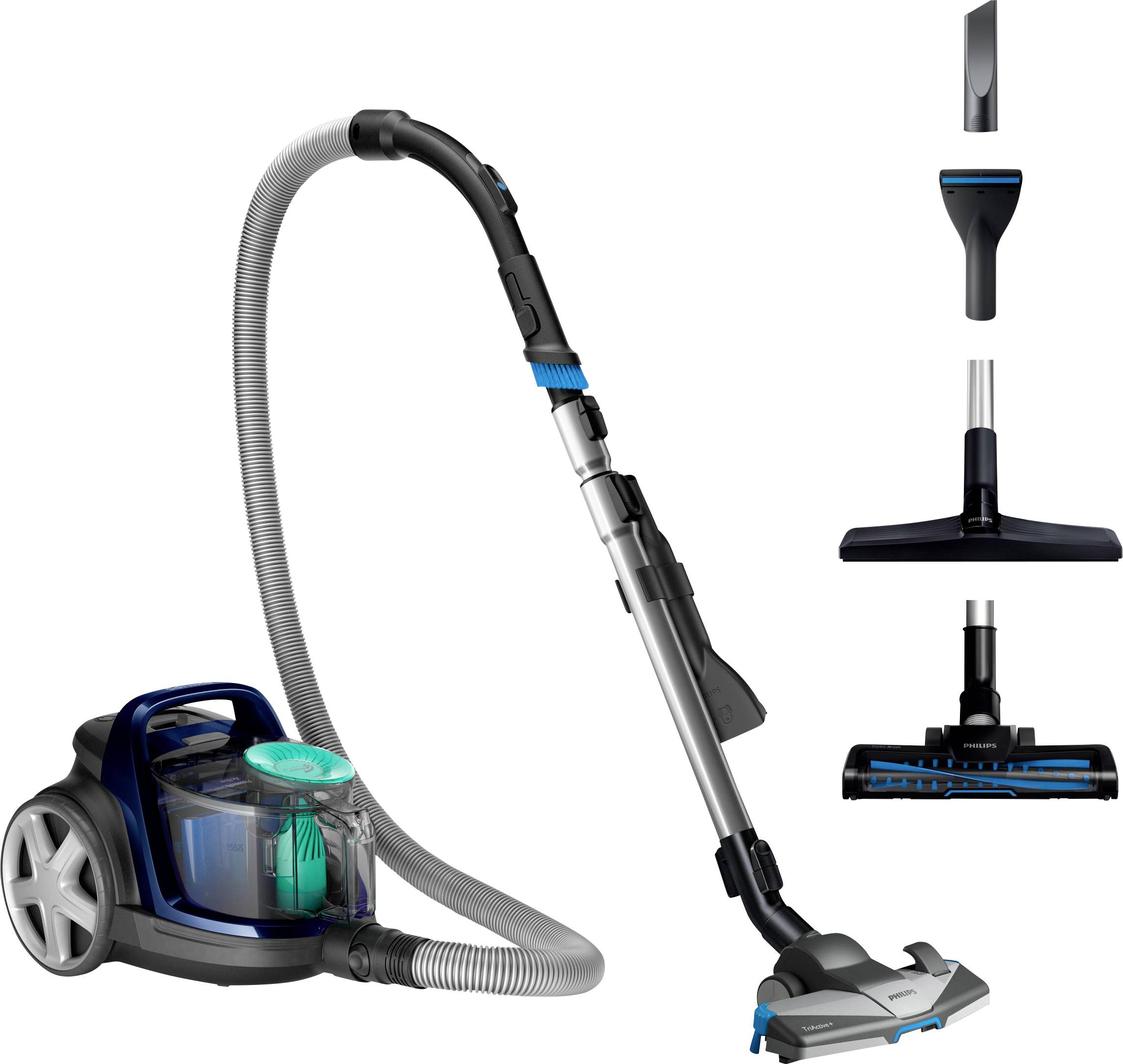 A vacuum cleaner with blue accents, a transparent container, and three different attachments: a narrow nozzle, a wide brush, and a carpet brush.