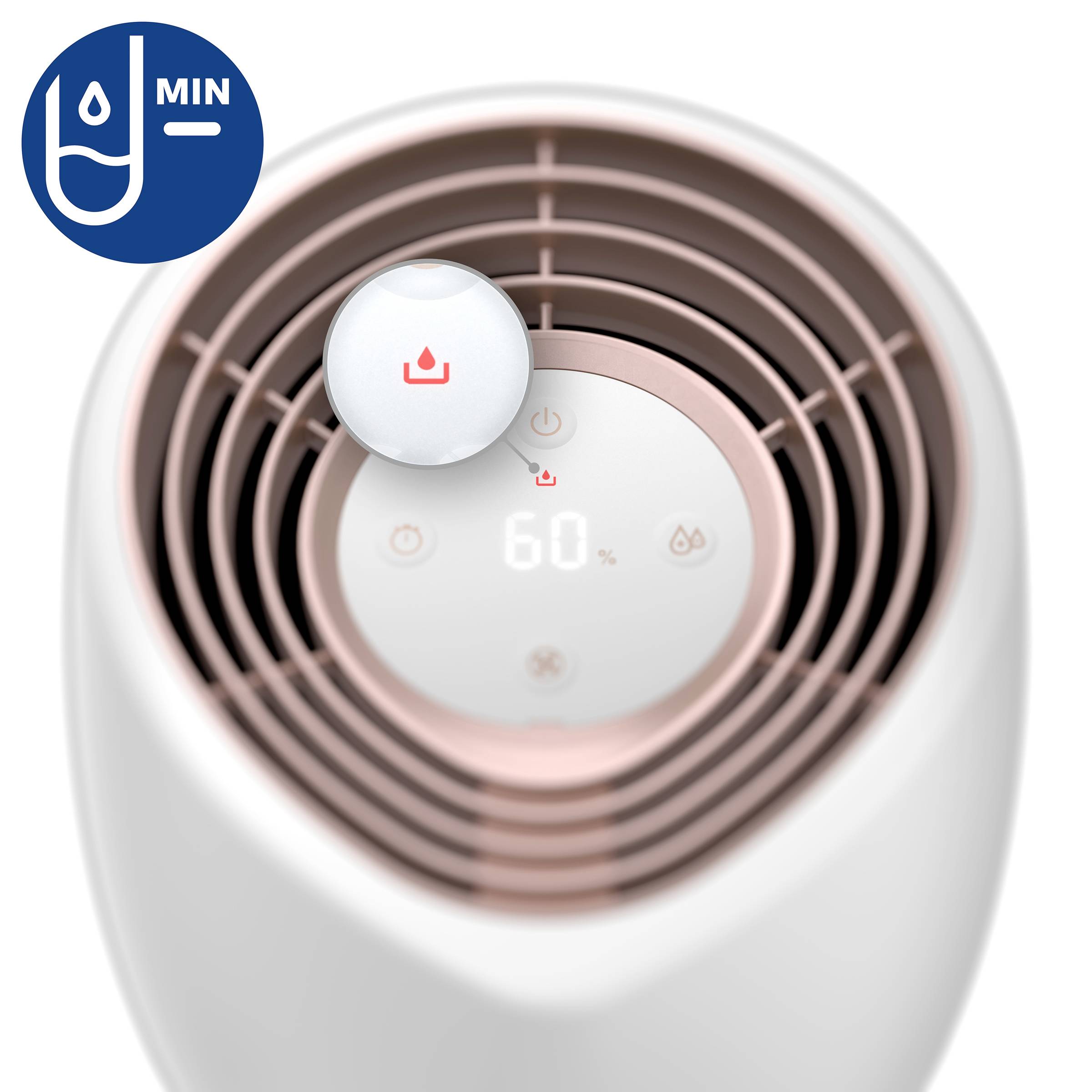 Humidifier with a circular control panel, displaying a humidity symbol and the number '60%'. Top left icon indicates minimum humidity.