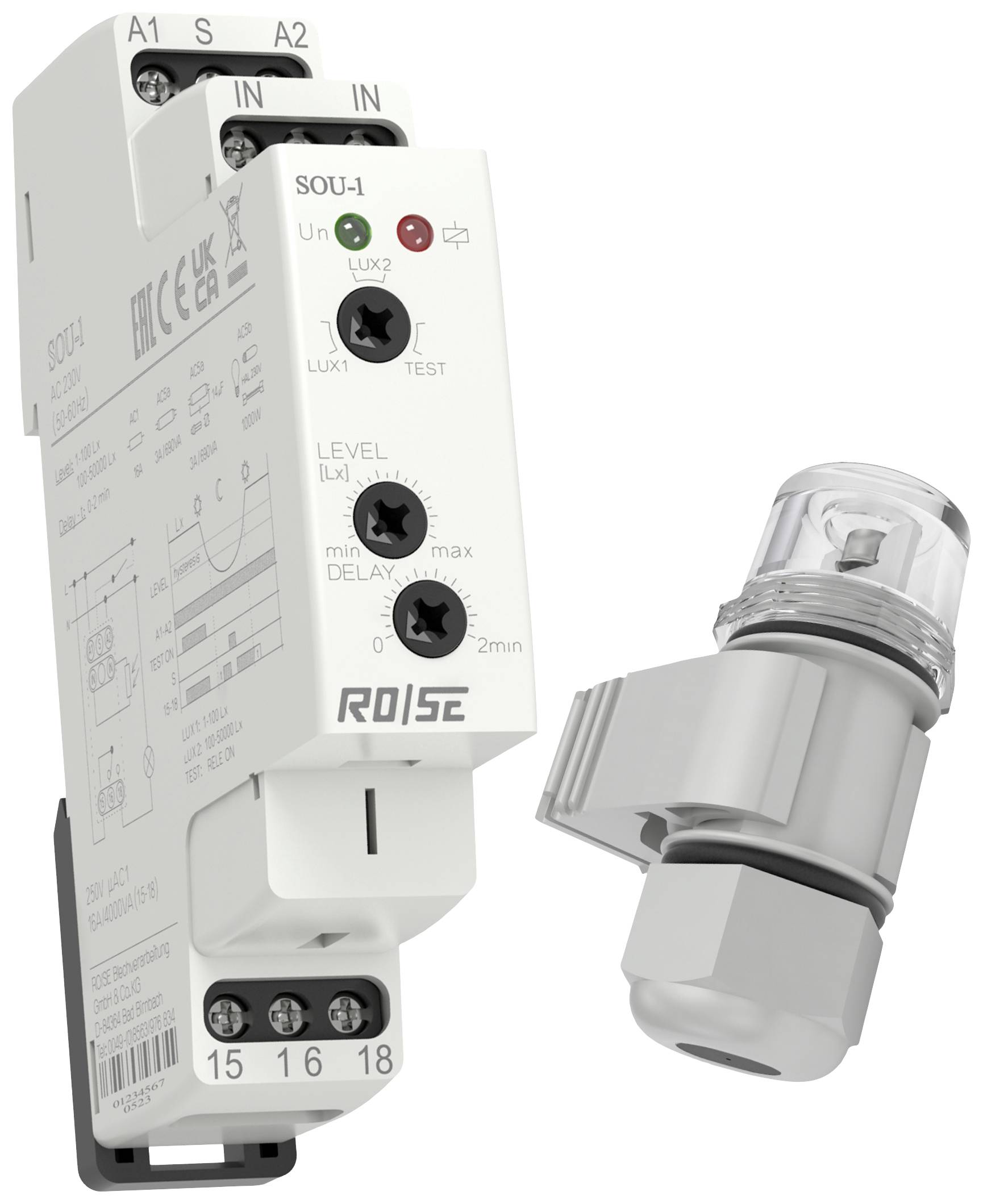 A time relay (SOU-1) with a light sensor. The relay has connections and adjustment buttons for LUX level and delay.