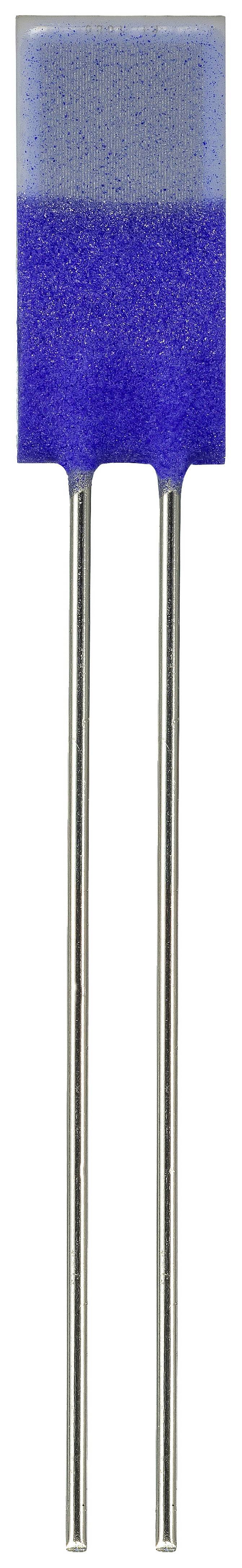 A blue electronic capacitor with two long metal leads, vertically oriented.