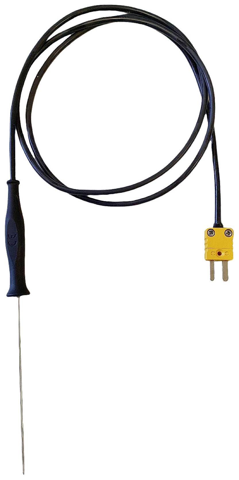 A digital temperature sensor thermometer with a black cable and yellow plug, suitable for measuring liquids or foodstuffs.