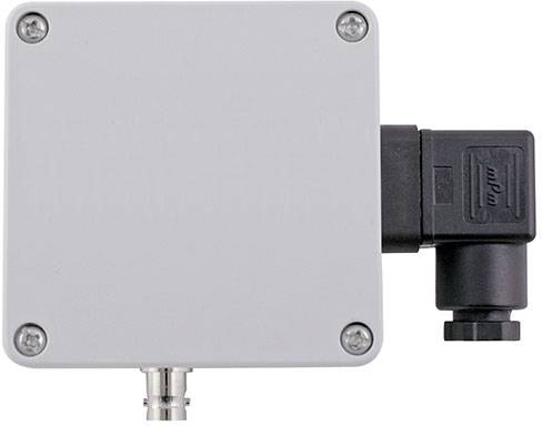 Grey enclosure case with a black connection head on the right side, identifiable by screws at the corners and a metal connection at the bottom.