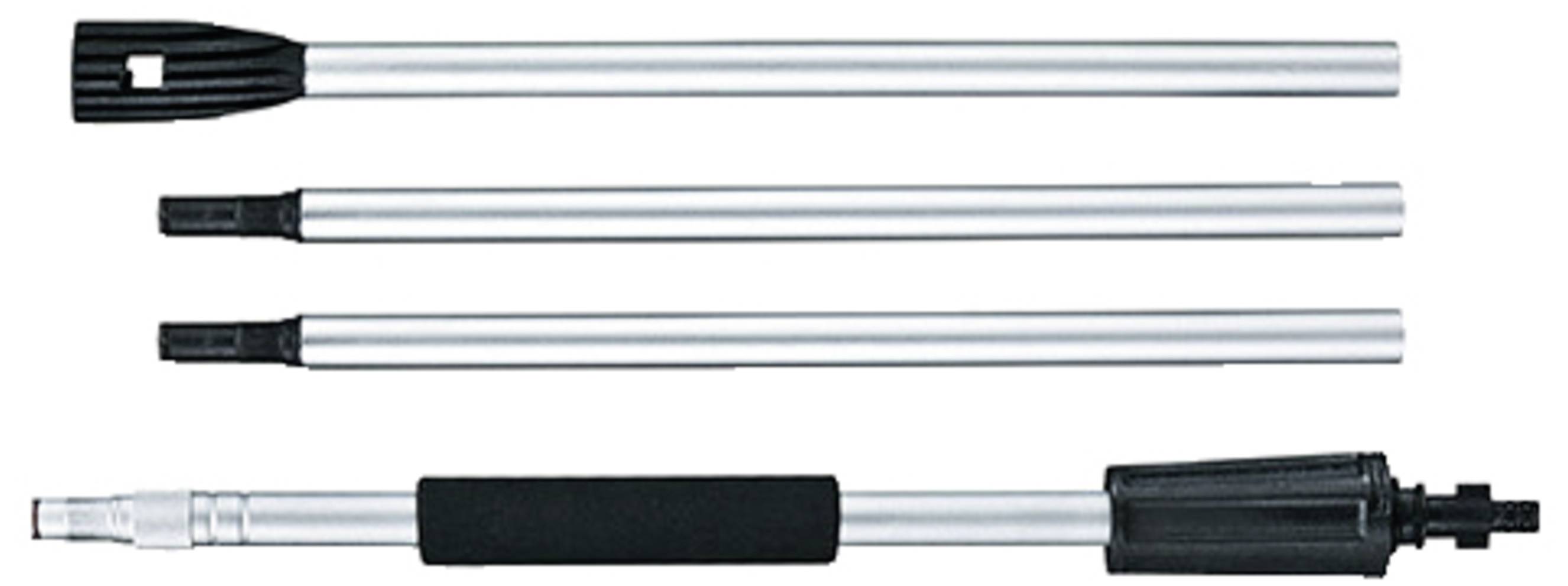 Three silver telescopic poles with black handles in varying lengths positioned side by side.