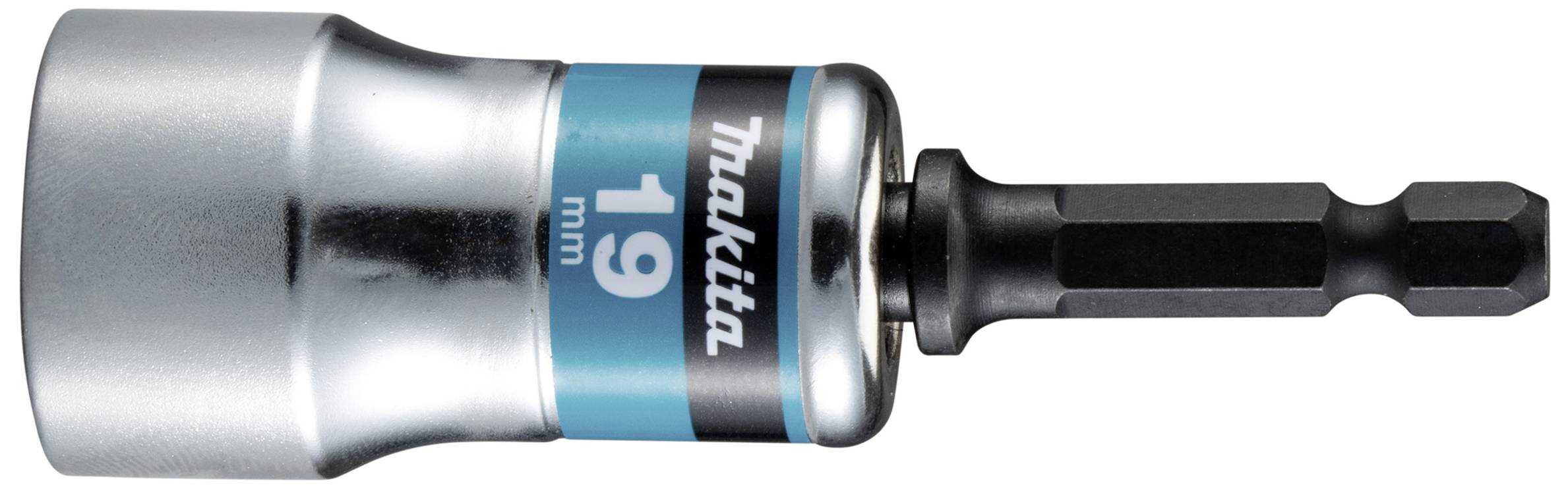 Socket with 19 mm size and hexagonal shaft. 'Makita' brand on blue label. Used for screw-related work.