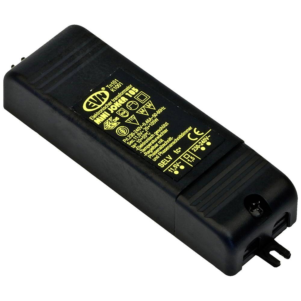 Black LED power supply with yellow labelling, containing technical symbols and information about electrical voltage and safety.