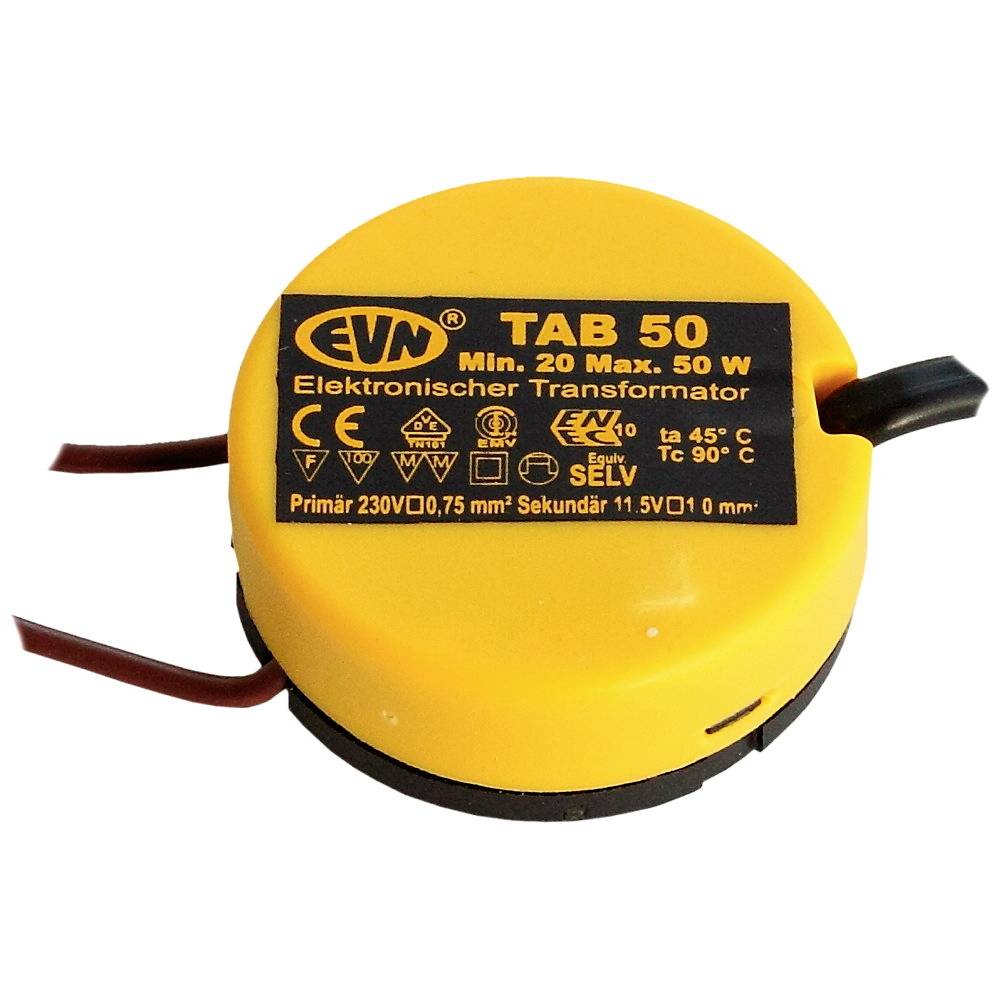 Yellow construction component with the inscription 'EVN TAB 50 Electronic Transformer' and specifications for voltage, power, protection types, and temperature.