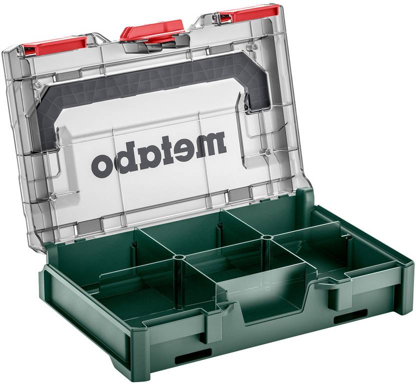 Open green plastic organizer case with a clear lid and molded compartments, shown empty with the 'metabo' logo on the inside lid.