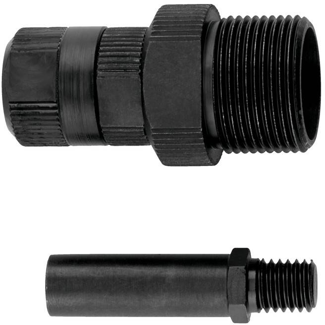 Black plastic cable gland connector with threaded ends, shown in two sizes on a white background.