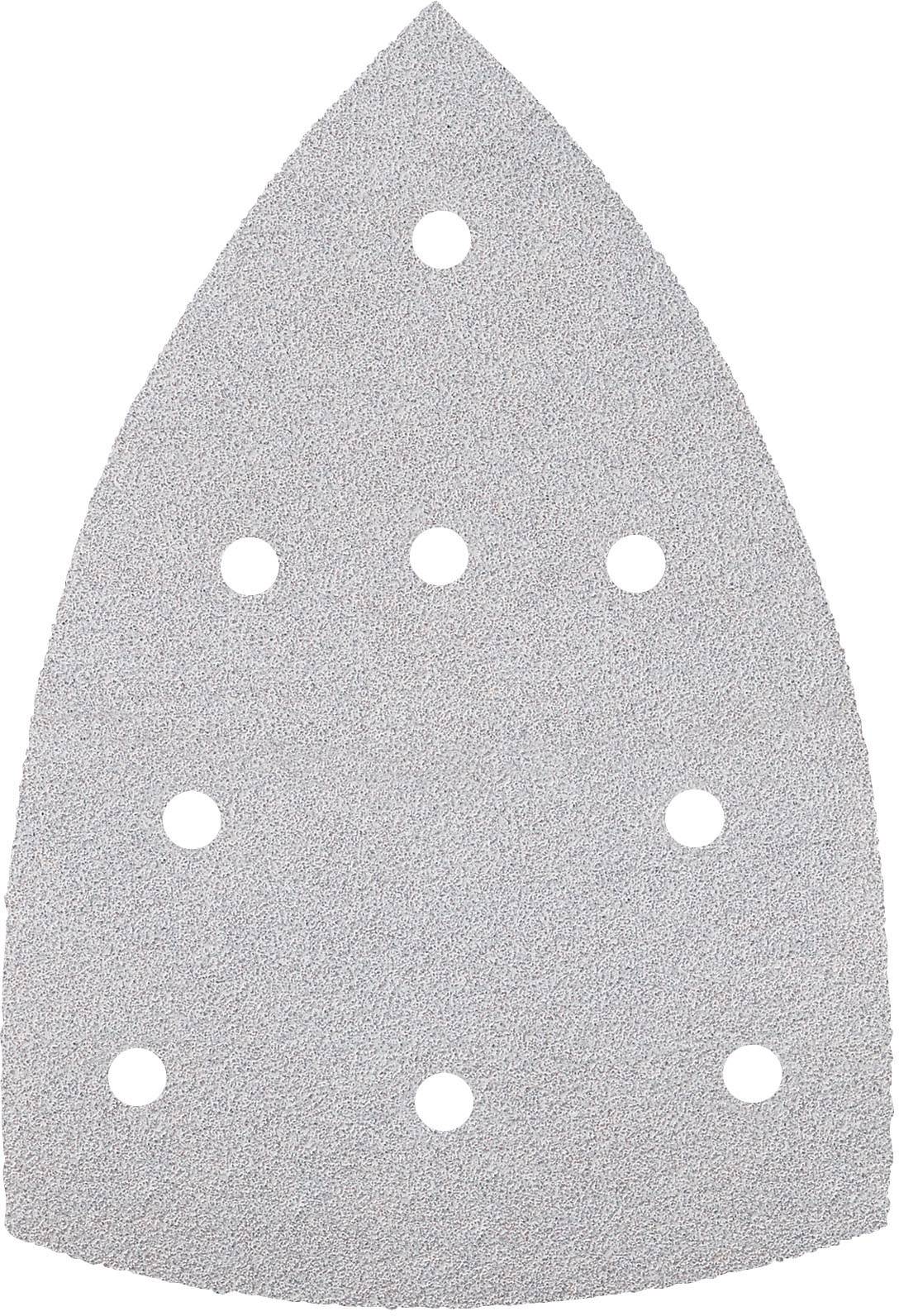 A triangular sandpaper with seven round holes for attachment to a sanding machine.