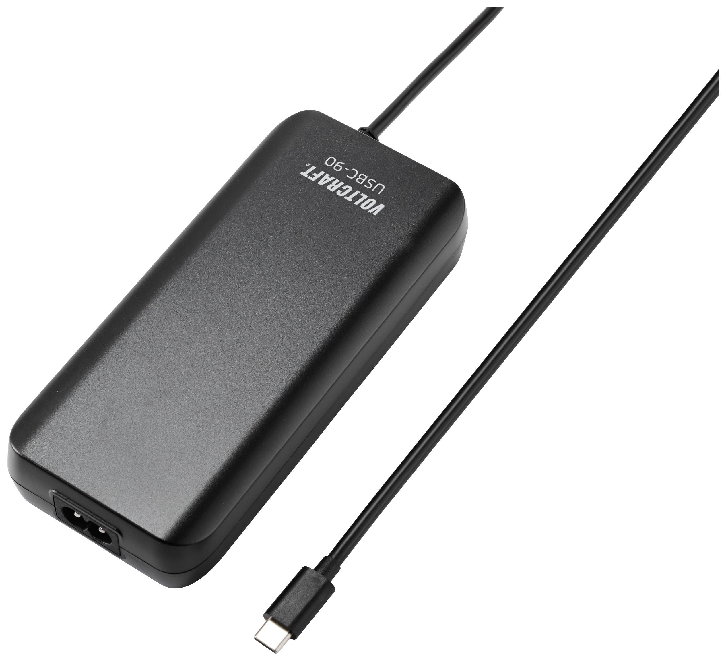Black power supply with USB-C cable top right. Marking: 'VOLTCRAFT USBC-90'.