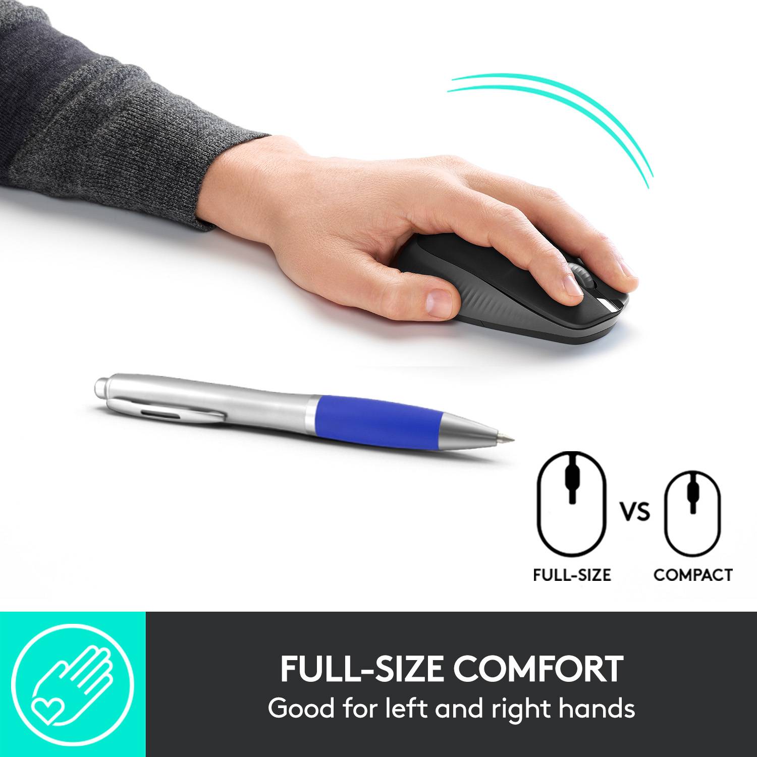 A hand holds an ergonomic mouse; beside it a ballpoint pen. Text: 'Comfort thanks to larger format. Suitable for left- and right-handed users.'
