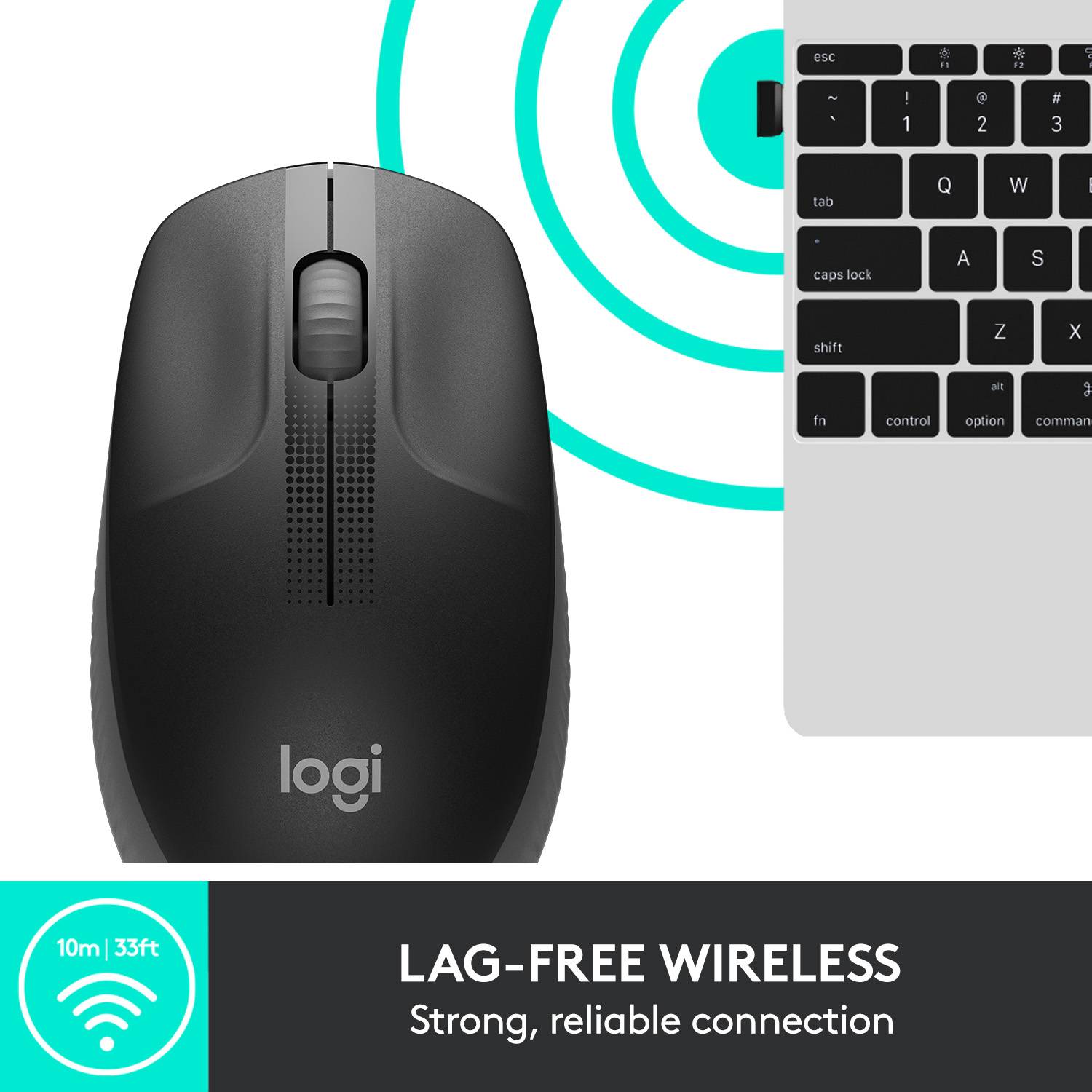 Wireless Logitech mouse next to laptop keyboard, promoting stable, delay-free 10m signal for reliable performance.