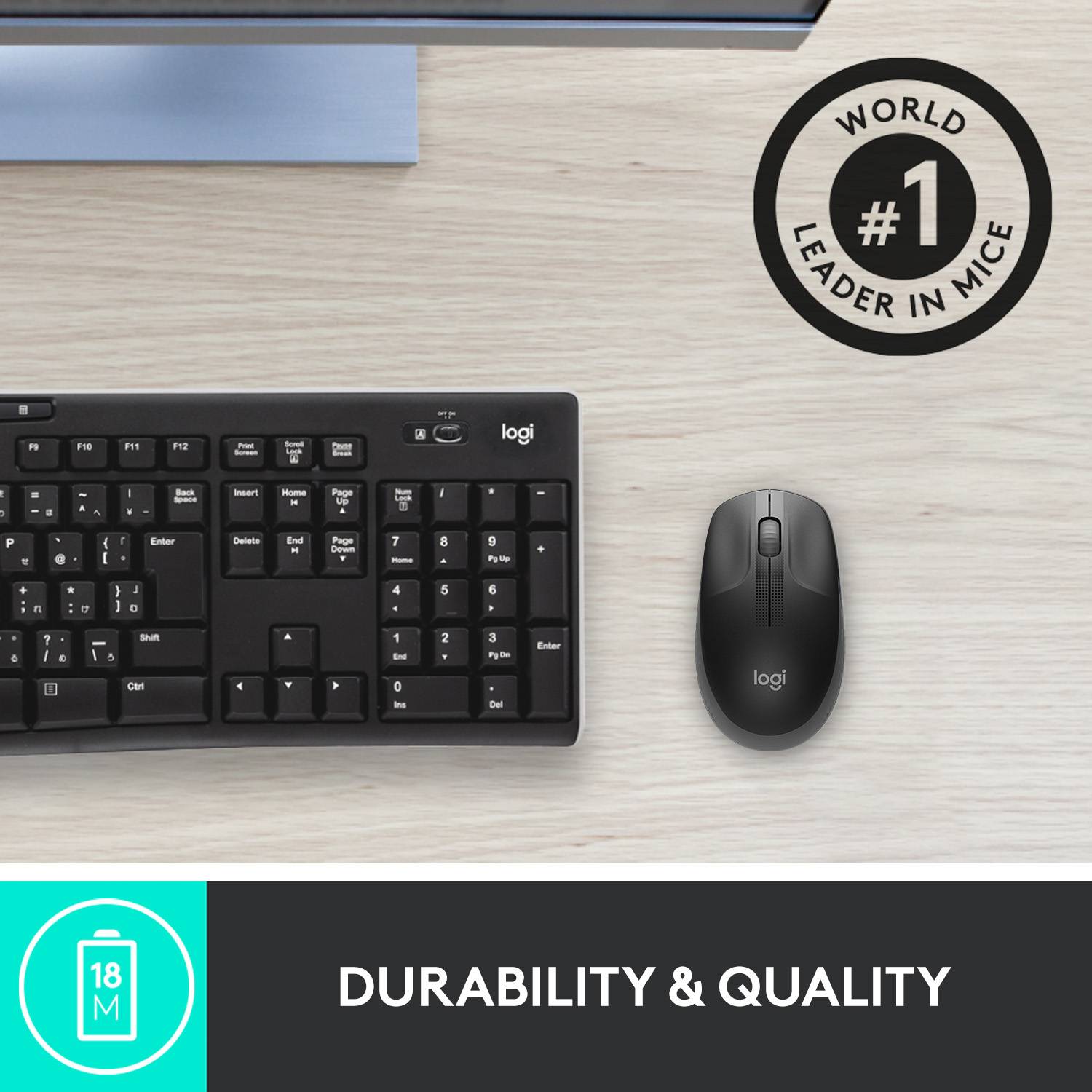 Keyboard and mouse on a table, advertising slogan: 'Durability and Quality', demonstrates market leadership in the mouse industry.
