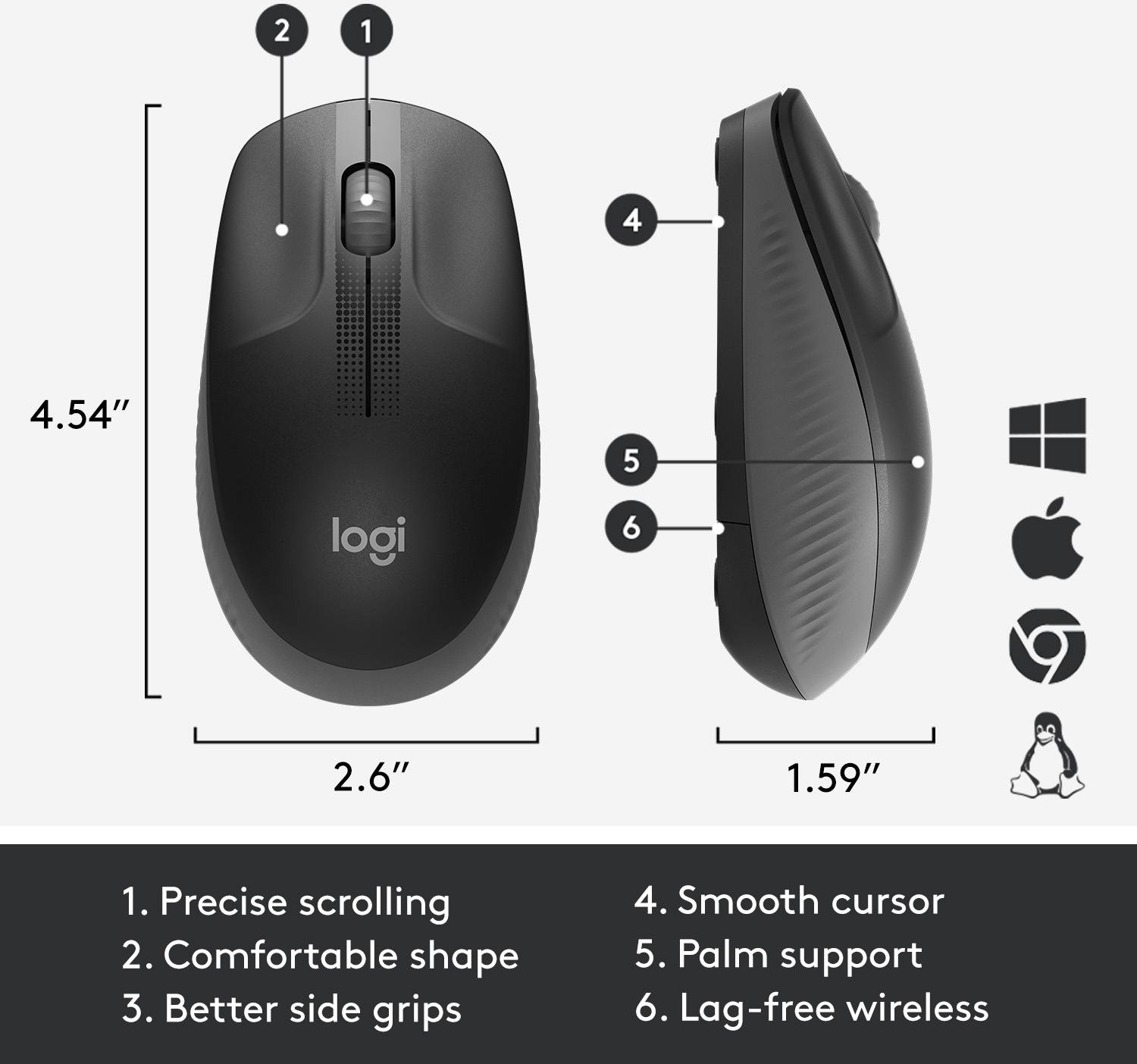 Black wireless mouse with ergonomic design, side grips and five buttons. Compatible with Windows, macOS and Linux.