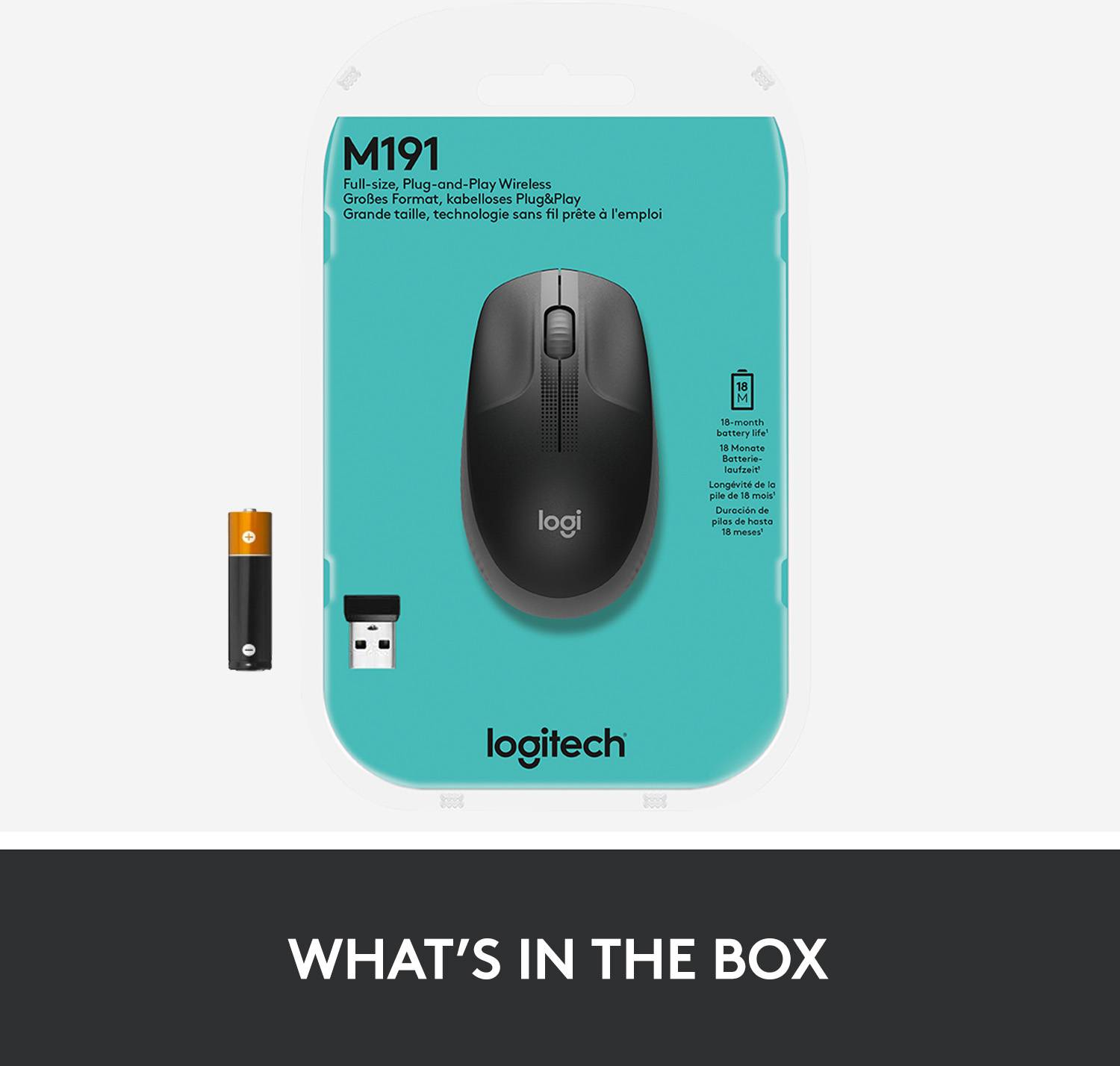 Wireless mouse and USB receiver on the packaging of the 'Logitech M191' brand, with a battery beside them.