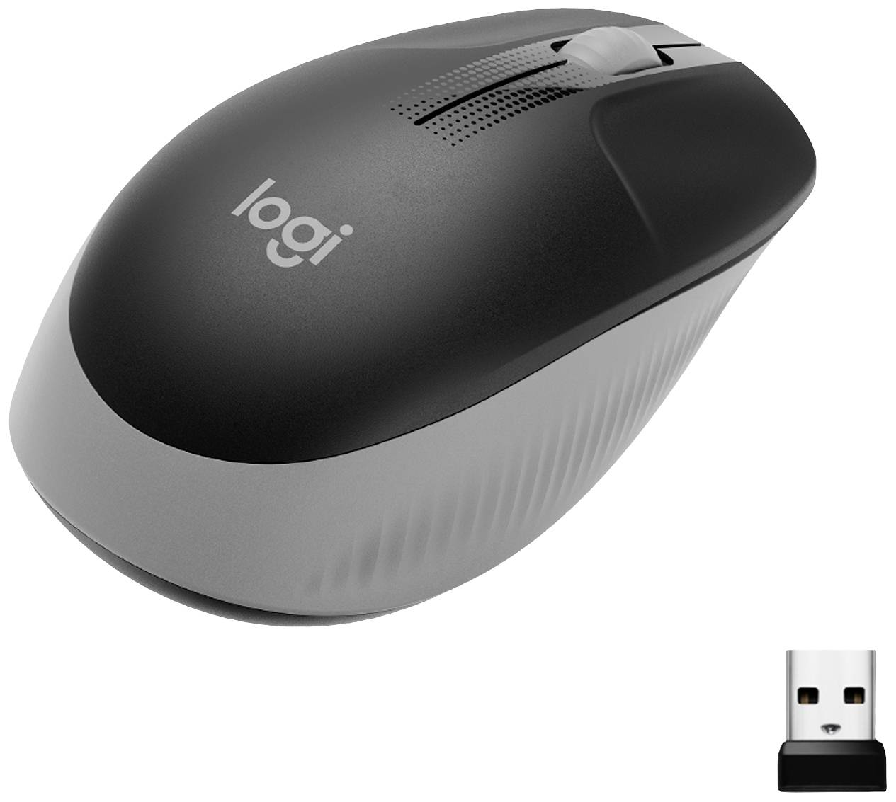 A black wireless computer mouse and a USB receiver. The mouse has an ergonomic design with a scroll wheel.
