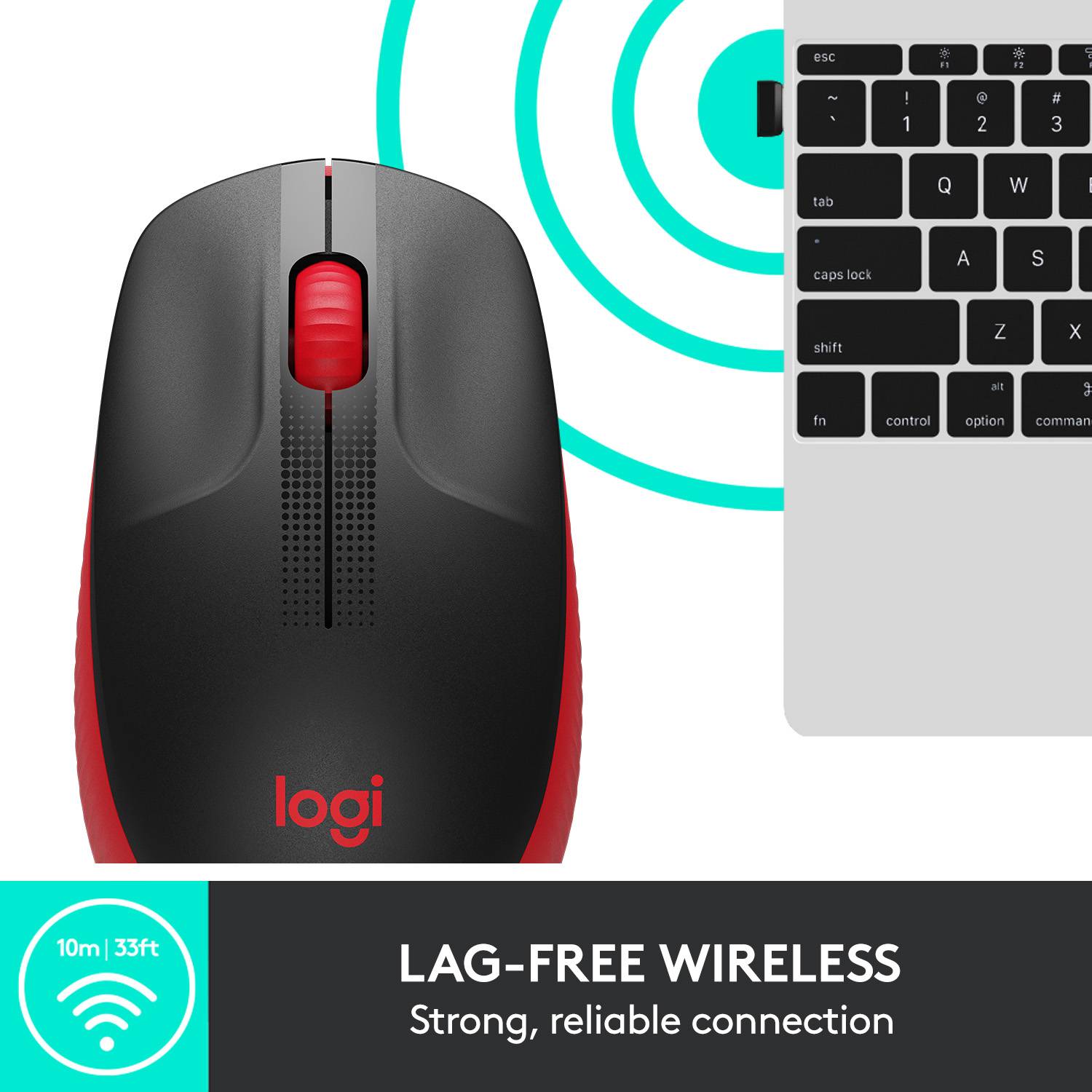 Eine kabellose Maus mit rotem Scrollrad und 'logi'-Logo. Text: 'LAG-FREE WIRELESS Strong, reliable connection'. Symbol zeigt Reichweite von 10m/33ft.