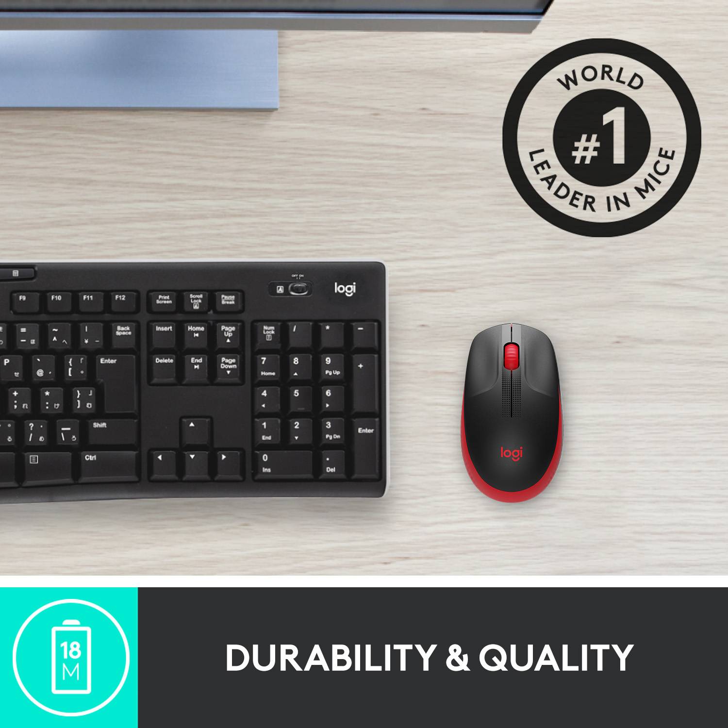 A black keyboard and a red-black mouse on a table. Top right, a circle with the text '#1 World Leader in Mice'. At the bottom, it reads 'Durability and Quality'.