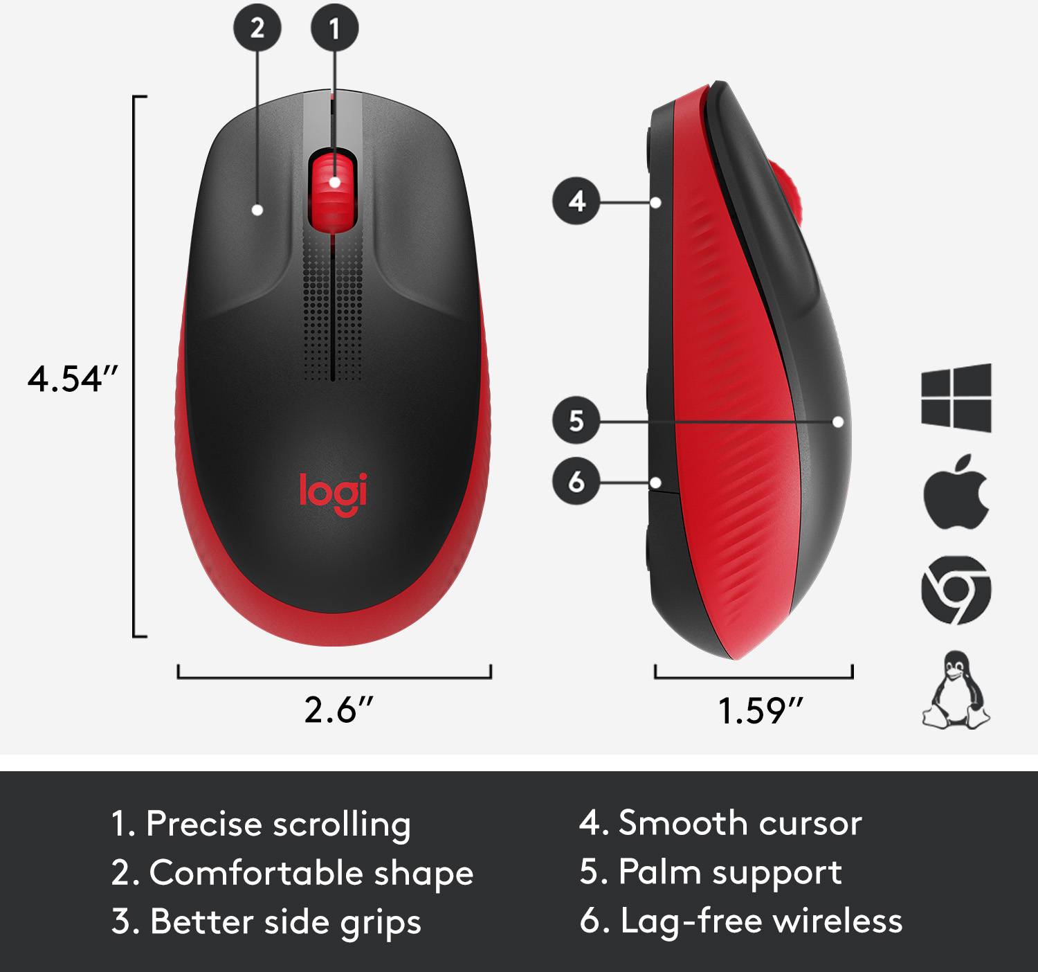 Mouse with precise scrolling, comfortable design and enhanced grip surfaces. Dimensions: 115mm x 57mm x 40mm. Supports Windows, macOS, Linux.