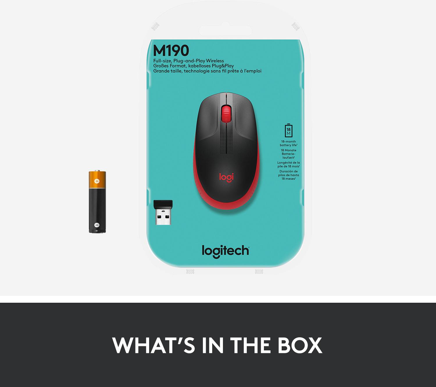 'Logitech M190 Full-Size Wireless Mouse' packaging with an image of the mouse and battery. The model name is located in the top left, with the Logitech logo at the bottom.