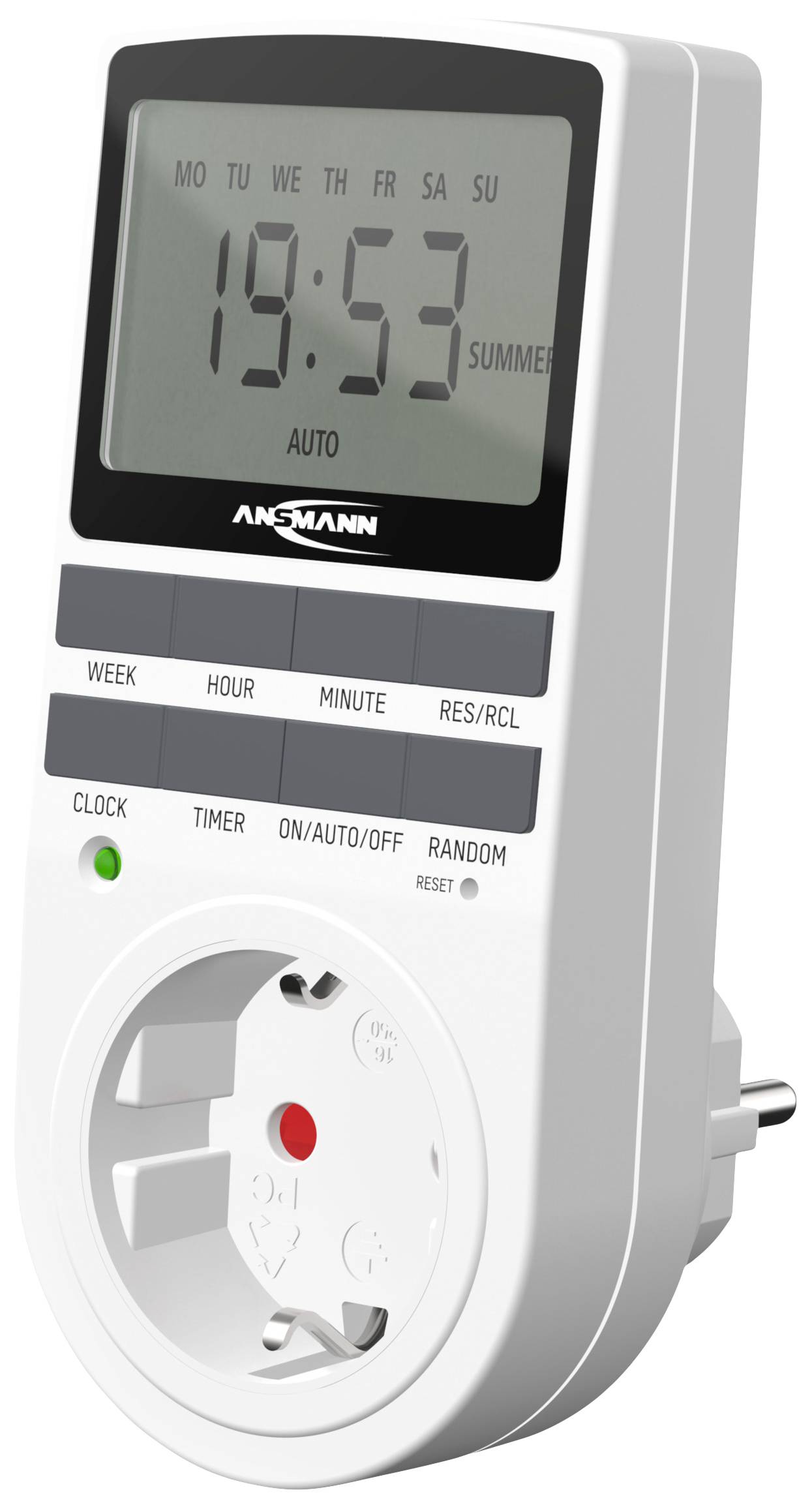 Digital timer clock displayed. Large display shows current time and daylight saving time. Buttons for timer and various settings available.