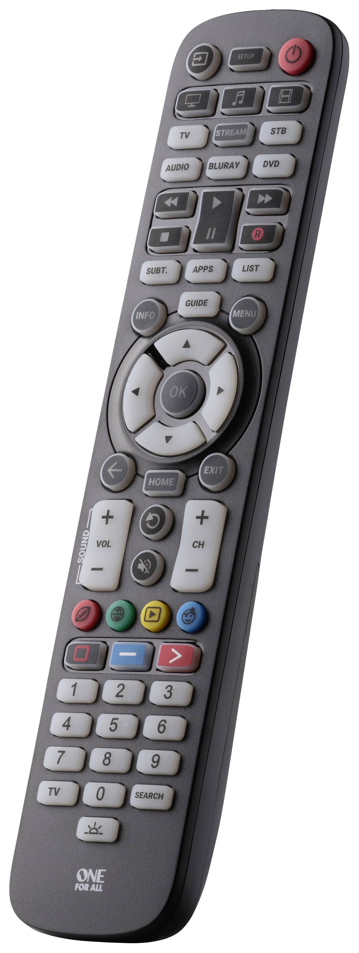 Universal remote control with buttons for TV channels, volume, start/pause, and various functions. Design in black and grey.