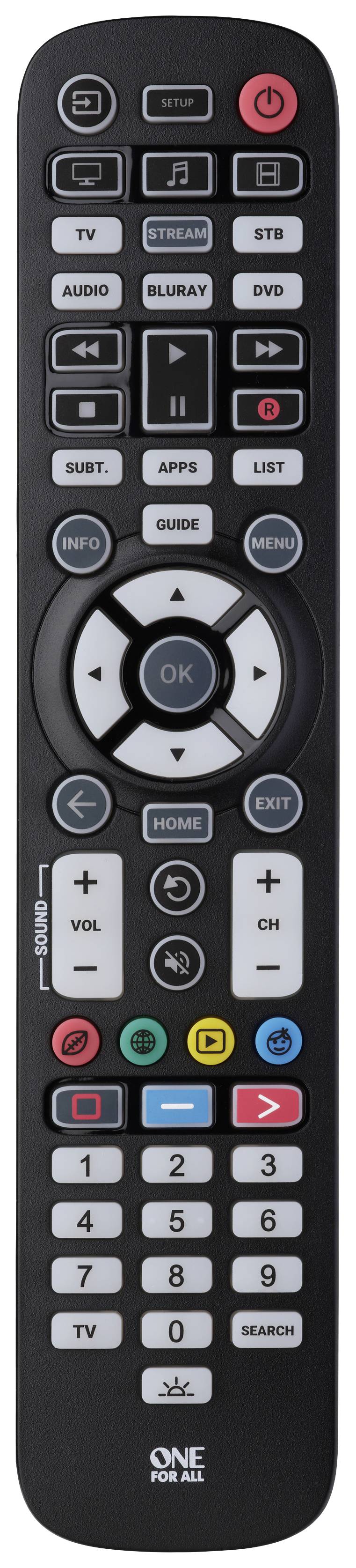 Remote control with buttons for TV, streaming, Blu-ray, DVD, and apps. Contains numerical keys, arrow buttons, and colourful function buttons for navigation.