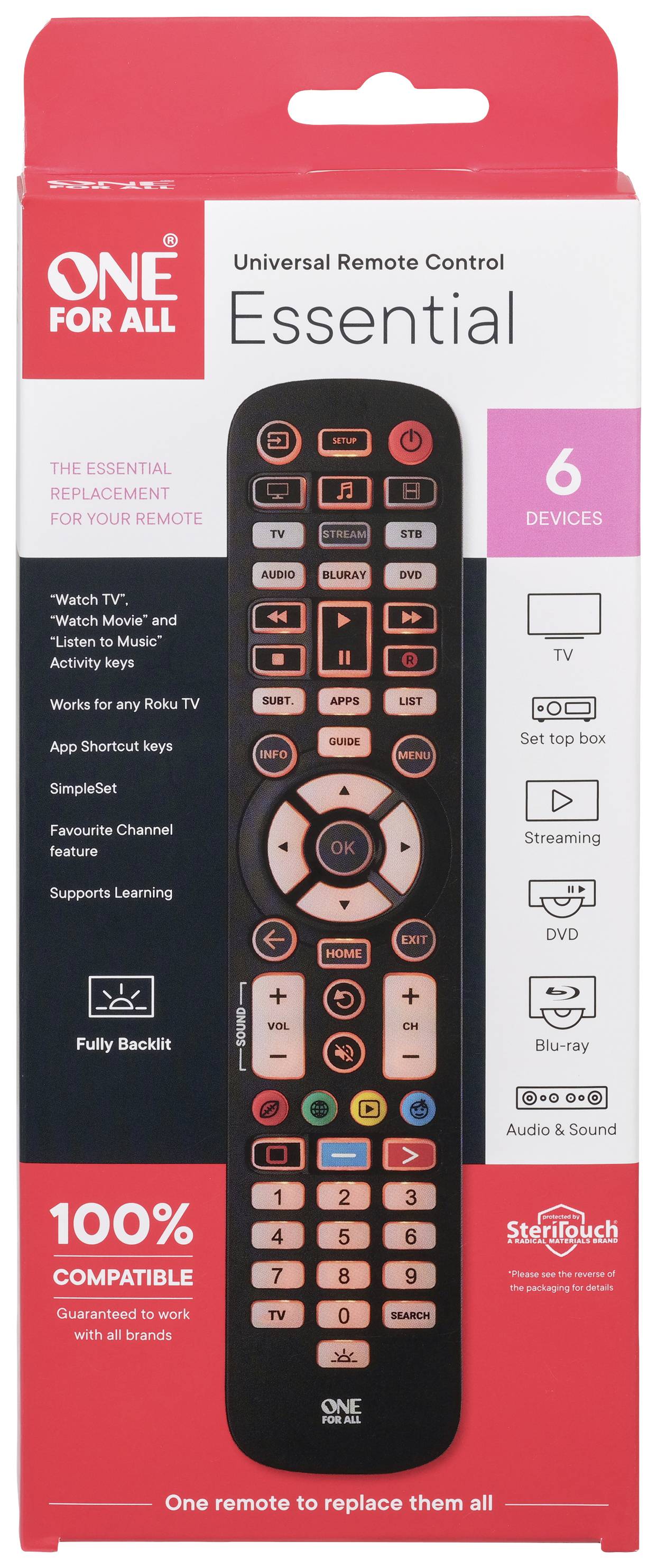 Universal Remote Control 'ONE FOR ALL Essential', controls 6 devices such as TV, streaming, sound. 100% compatible with all brands.