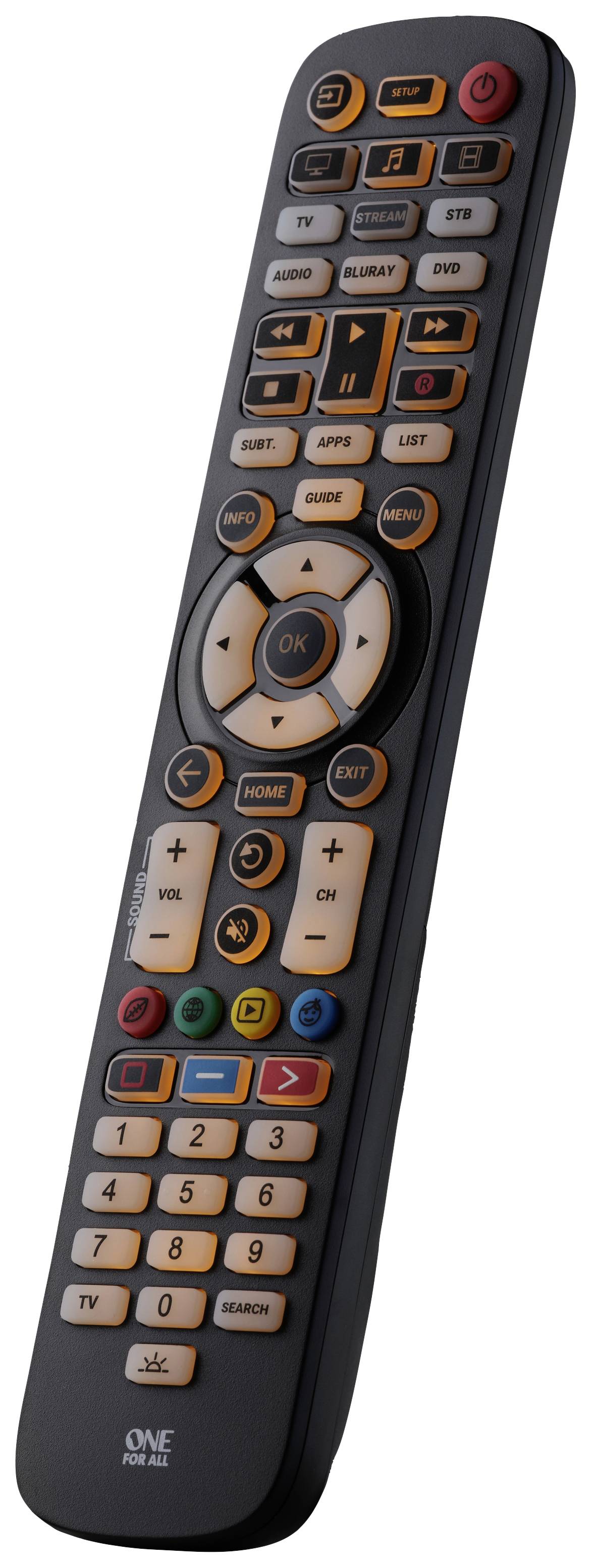 A black universal remote control with various buttons for channels, volume, and menu navigation. It has colourful function buttons.