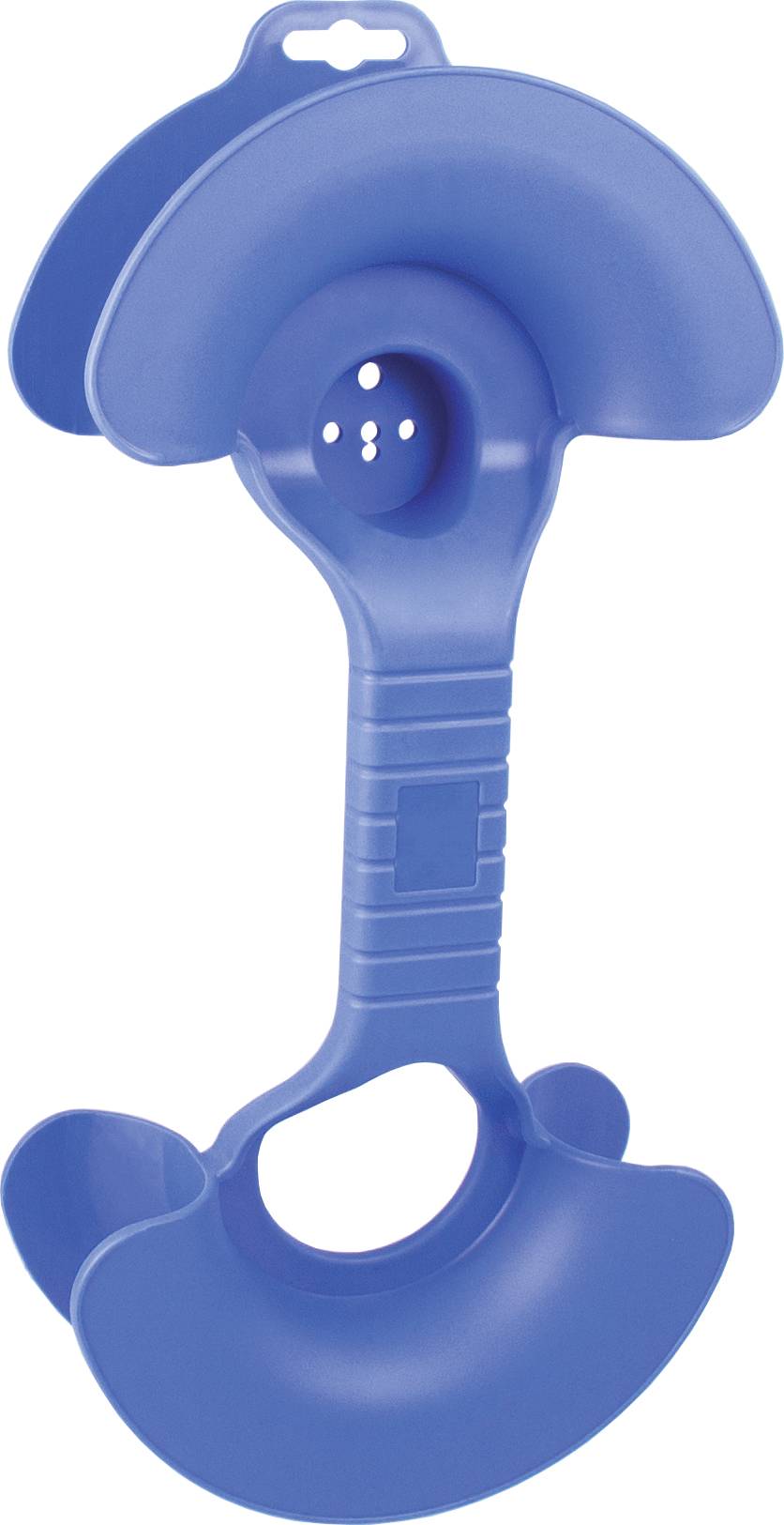 Blue plastic bottle carrier handle, ergonomically shaped for easy transportation of multiple bottles, with finger grip.