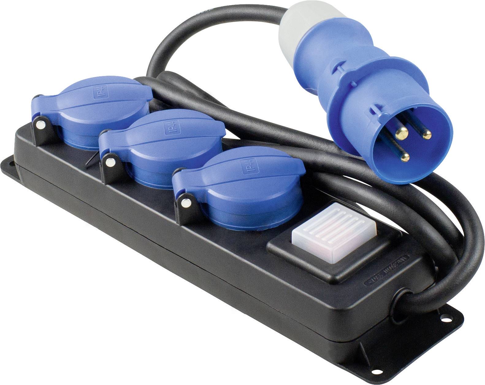 Black power strip with three blue earthed sockets and one blue CEE plug.