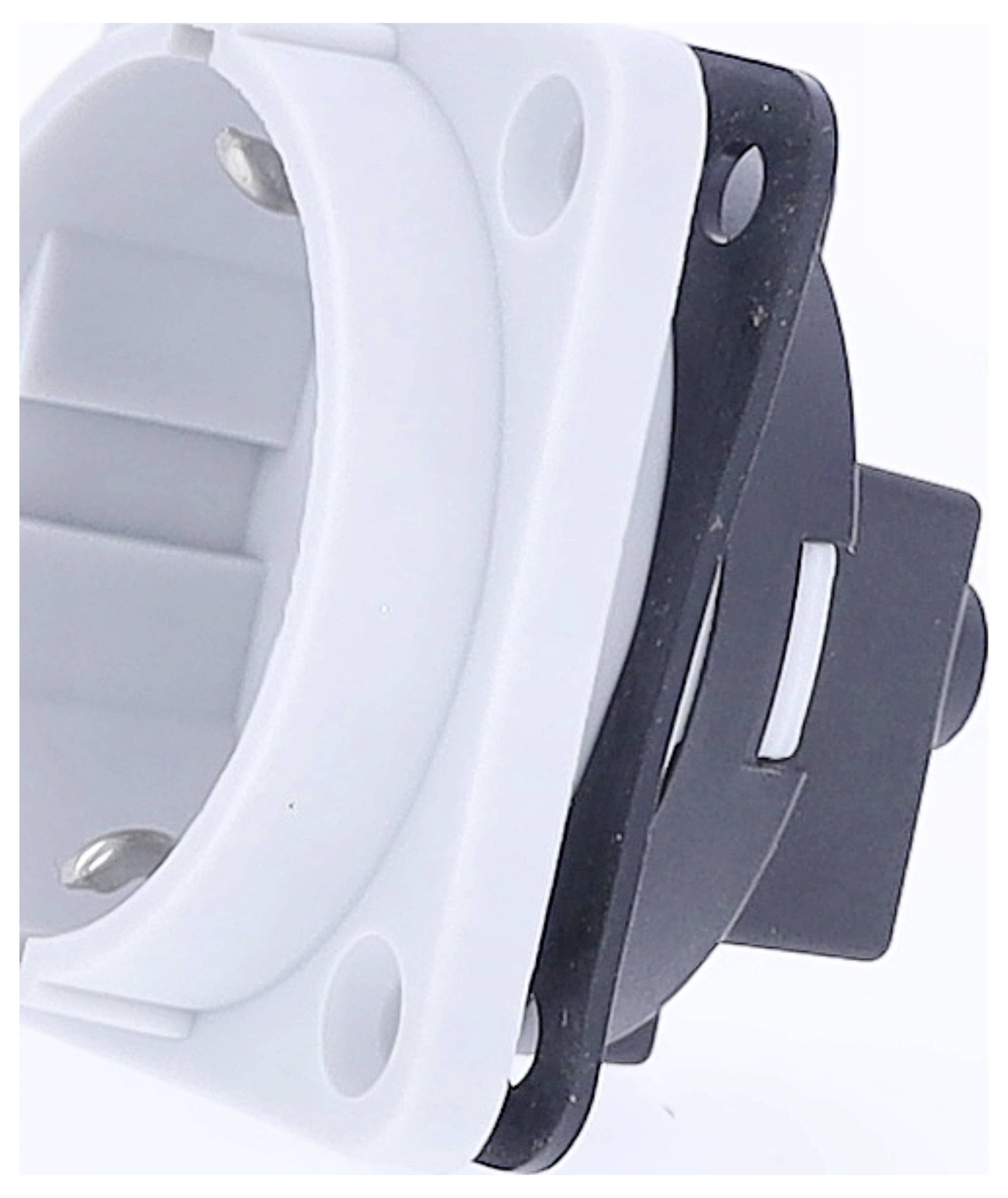 Close-up of a white electrical outlet with black mounting elements, side-mounted for wall installation.