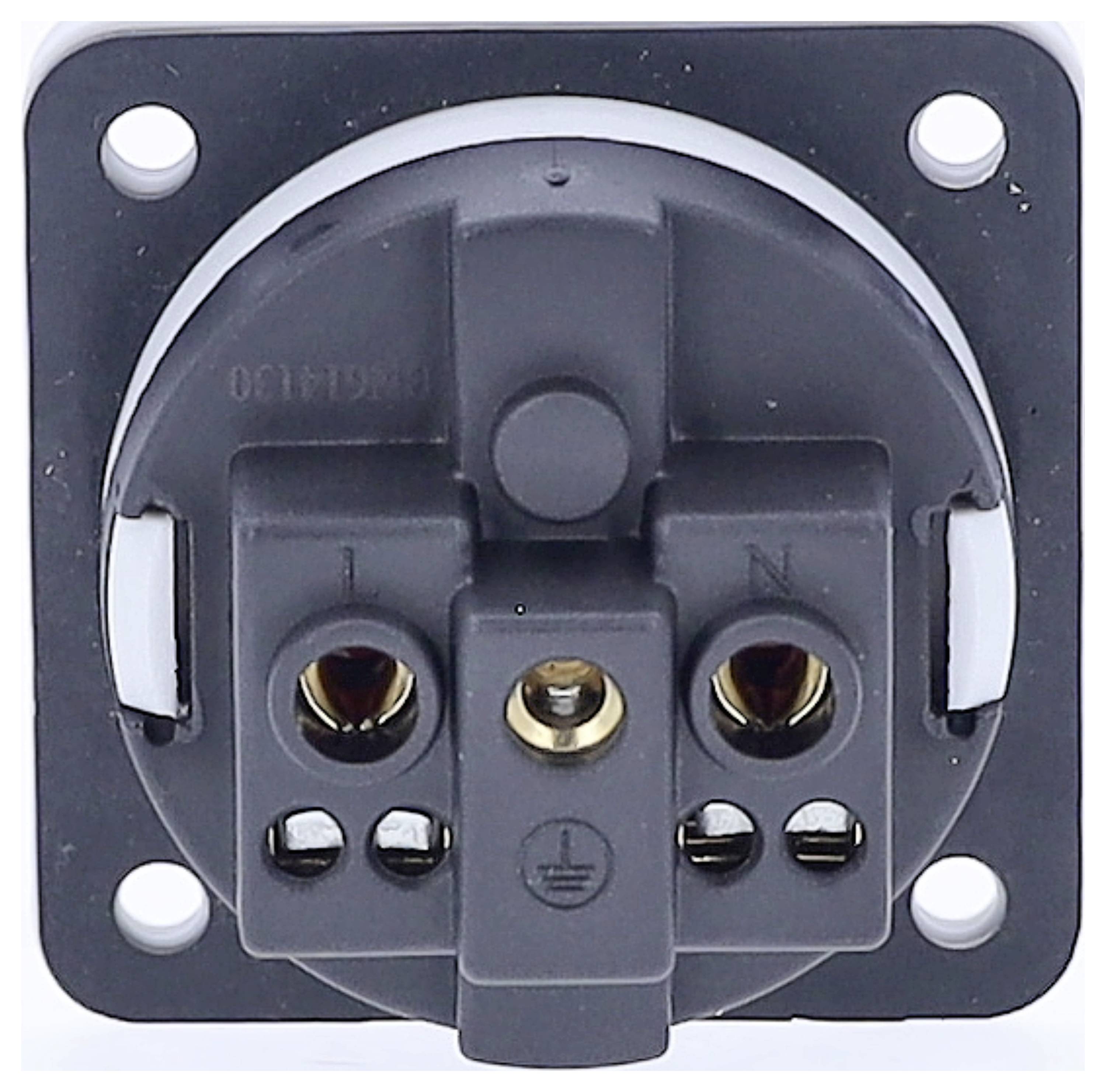 Front view of an electrical outlet with connection terminals for phase (L), neutral conductor (N) and ground symbol.