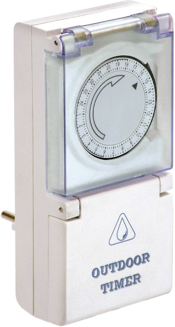 'Outdoor Timer' with an analogue display for setting time intervals; designed for use outdoors.