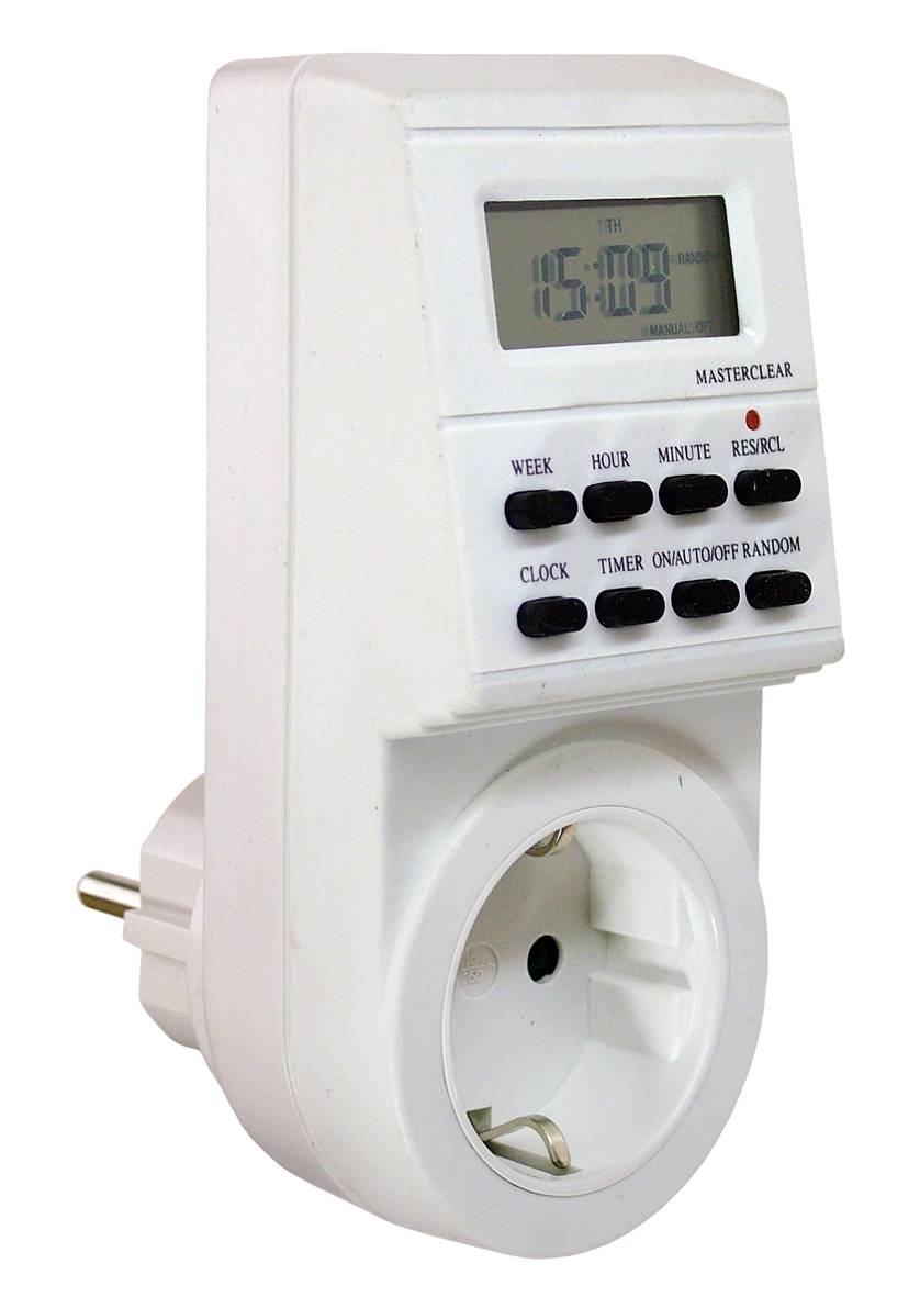 A digital timer plug socket shows the time as 15:09. It has buttons for setting time and modes.