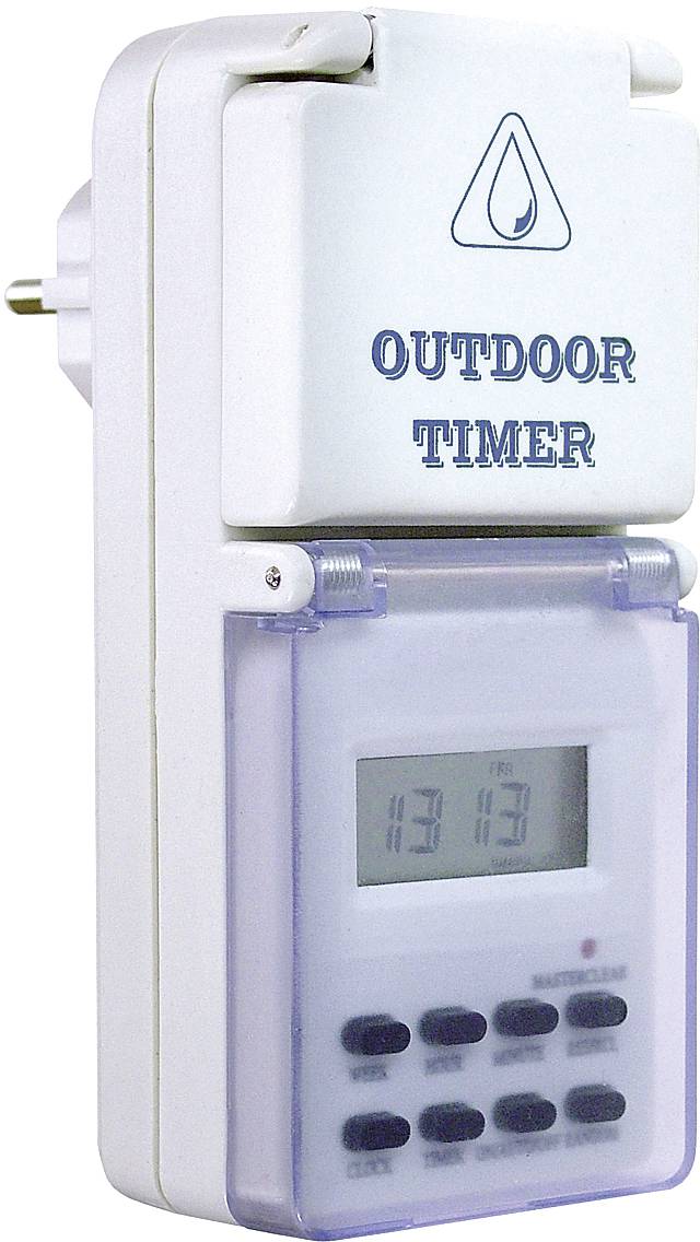 A white outdoor timer with a digital display and buttons for setting. Connection socket at the top.
