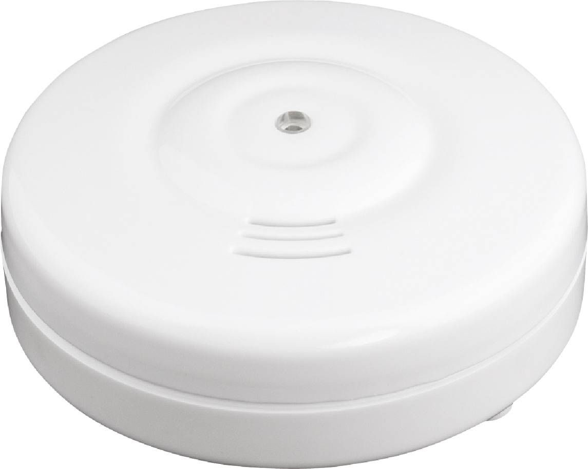 A round, white smoke detector with a small central sensor. Ideal for detecting smoke in indoor spaces.