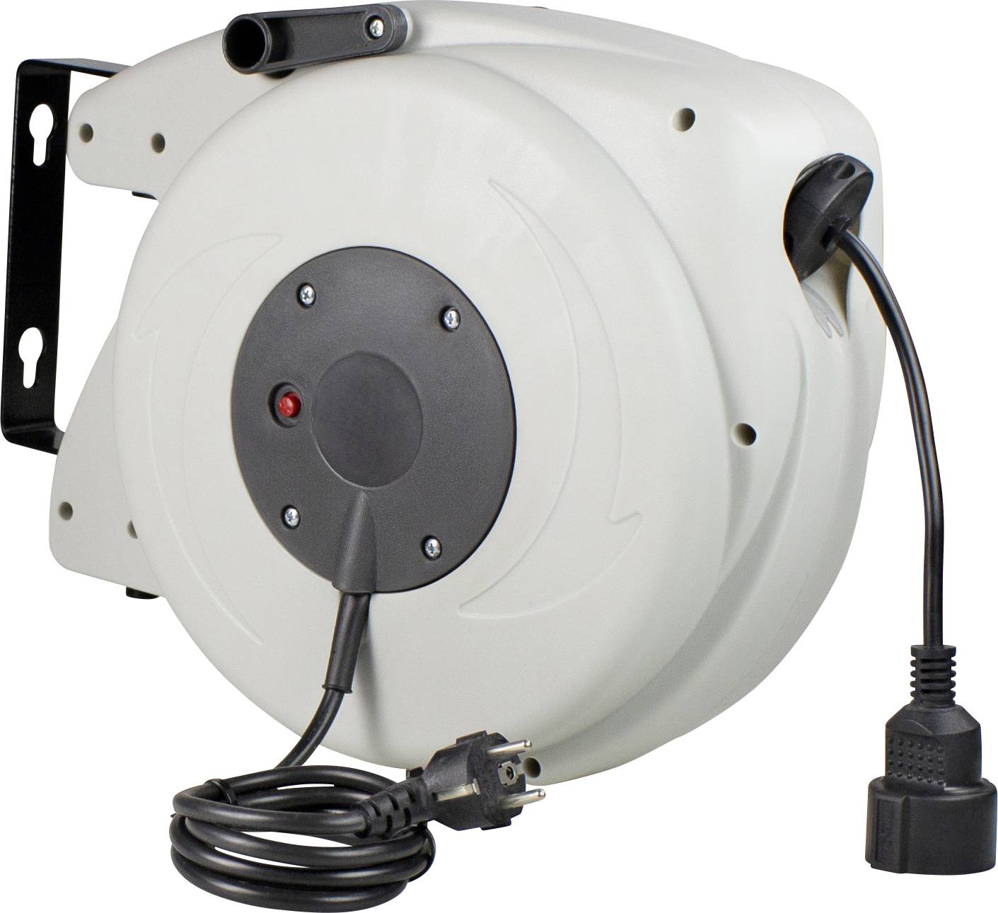 Automatic cable reel with mains cable and plug, mounted on a metal bracket. Ideal for flexible power connections.