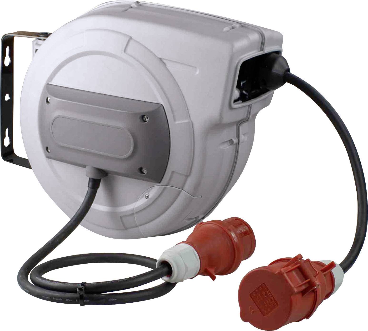 Electric cable reel with grey housing and red plug. Wall-mounting bracket on the side, suitable for outdoor use.