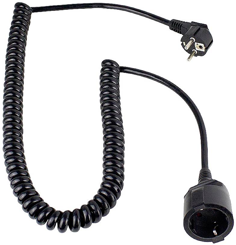 Black spiral cable with a Schuko plug and female connector. The cable is shown in full length with a coiled shape.