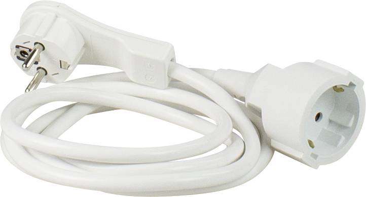 A white extension lead with a Schuko plug and a Schuko socket, shown wound up.