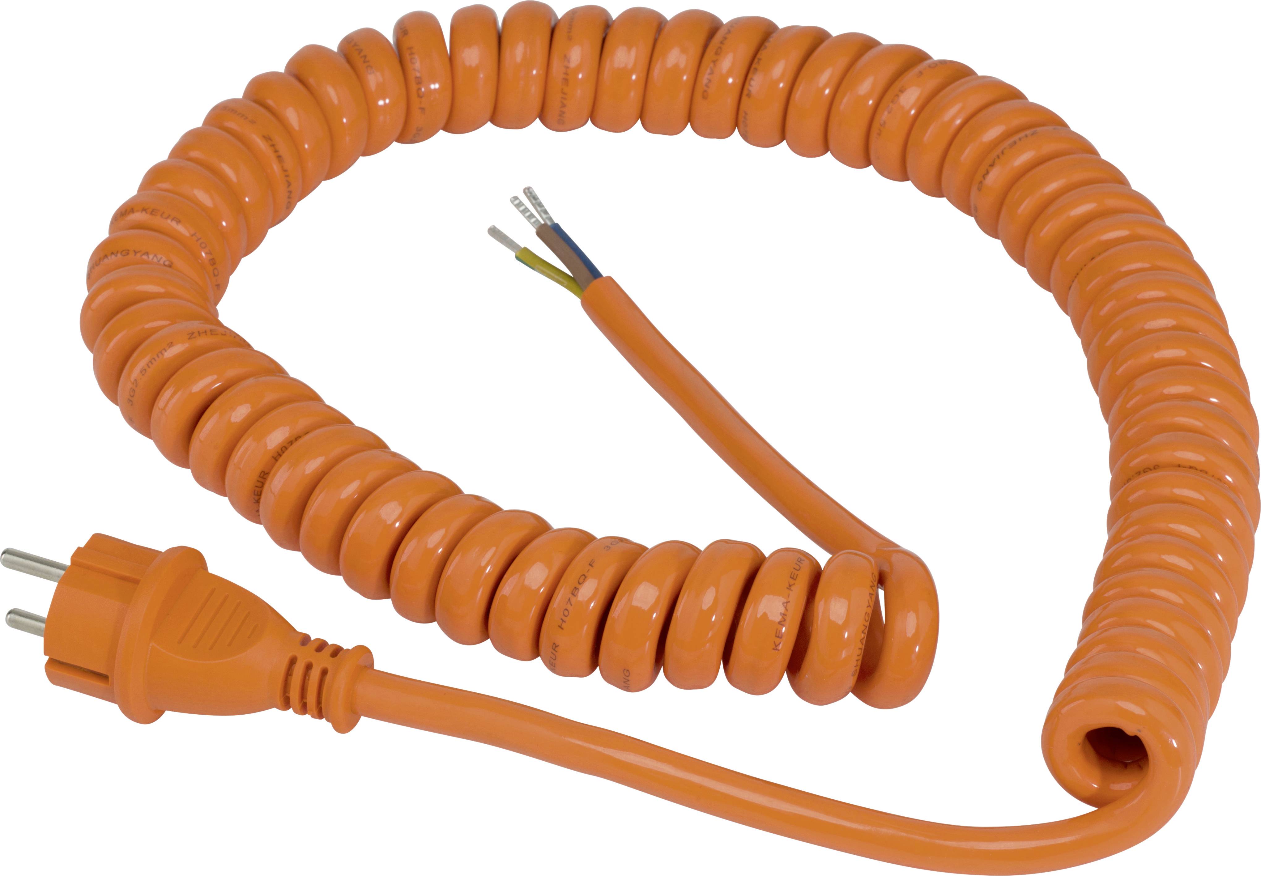 An orange spiral cable with a plug at one end and bare wires at the other end.